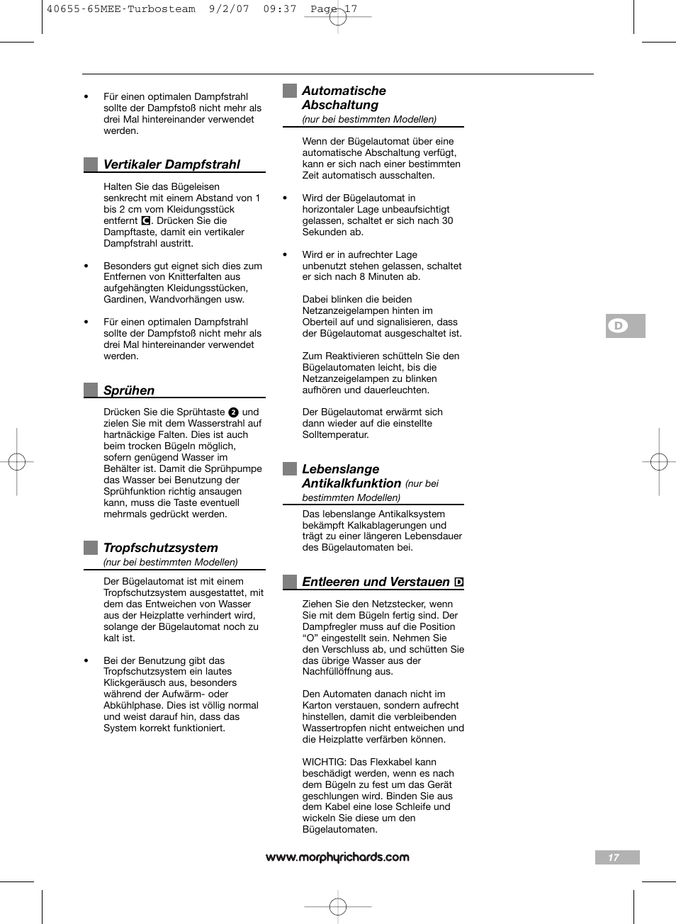 Morphy Richards Turbo steam iron steam User Manual | Page 17 / 72