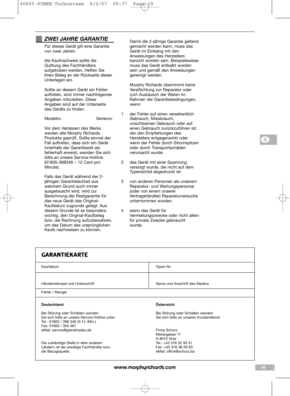 Dg ga ar ra an nt tiie ek ka ar rt te e | Morphy Richards Turbo steam iron steam User Manual | Page 19 / 72