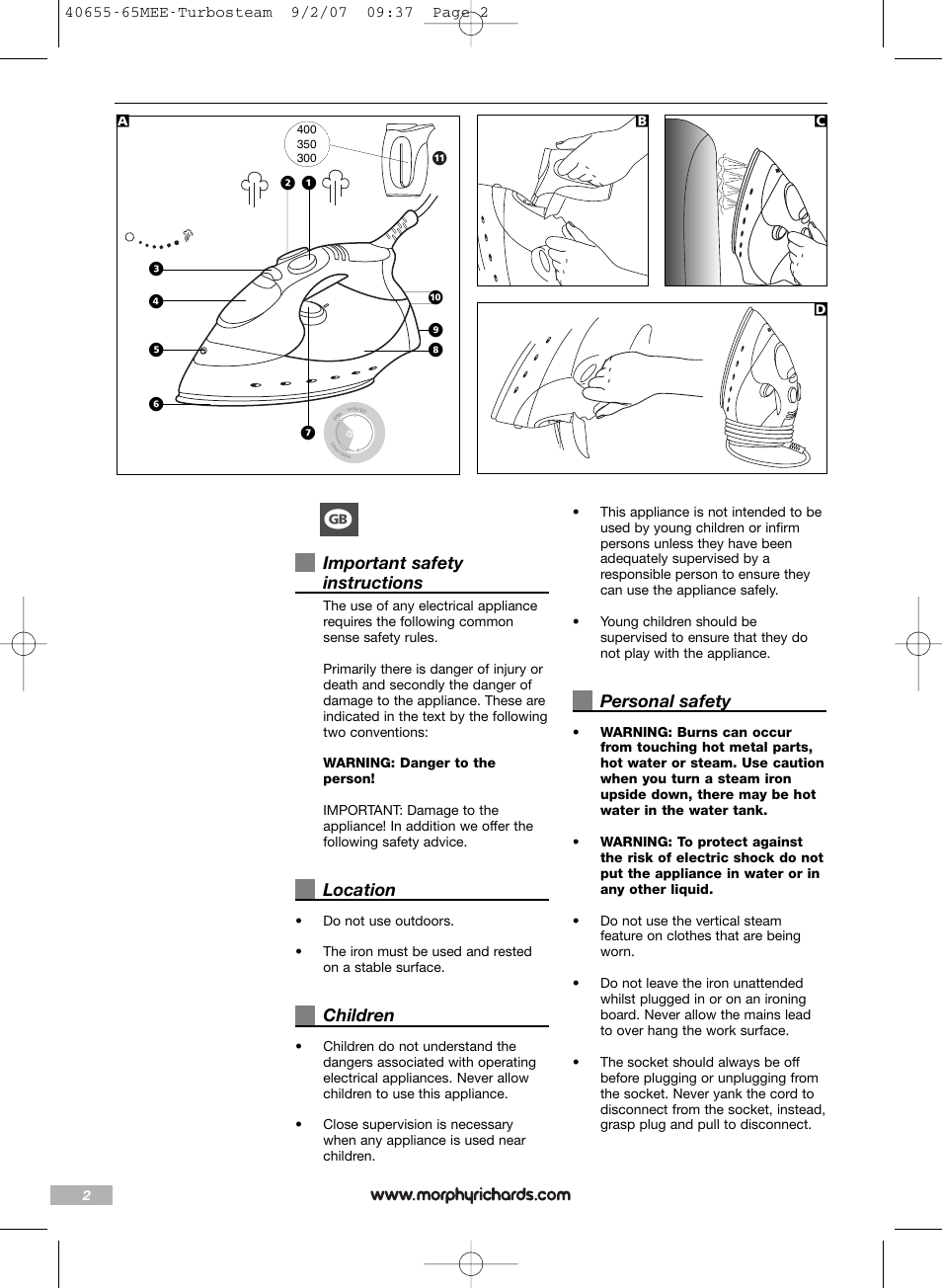 Important safety instructions, Location, Children | Personal safety | Morphy Richards Turbo steam iron steam User Manual | Page 2 / 72