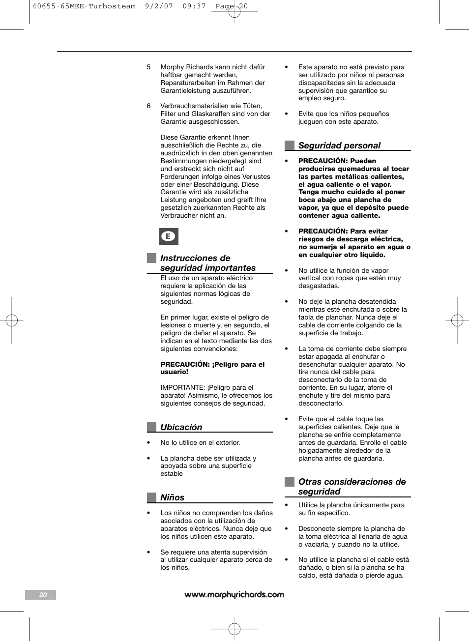 Instrucciones de seguridad importantes, Ubicación, Niños | Seguridad personal, Otras consideraciones de seguridad, Guía de temperatura/tejido | Morphy Richards Turbo steam iron steam User Manual | Page 20 / 72