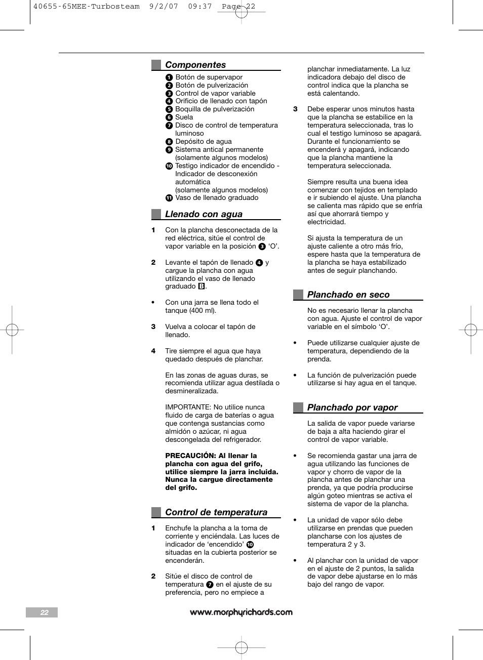 Componentes, Llenado con agua, Control de temperatura | Planchado en seco, Planchado por vapor | Morphy Richards Turbo steam iron steam User Manual | Page 22 / 72