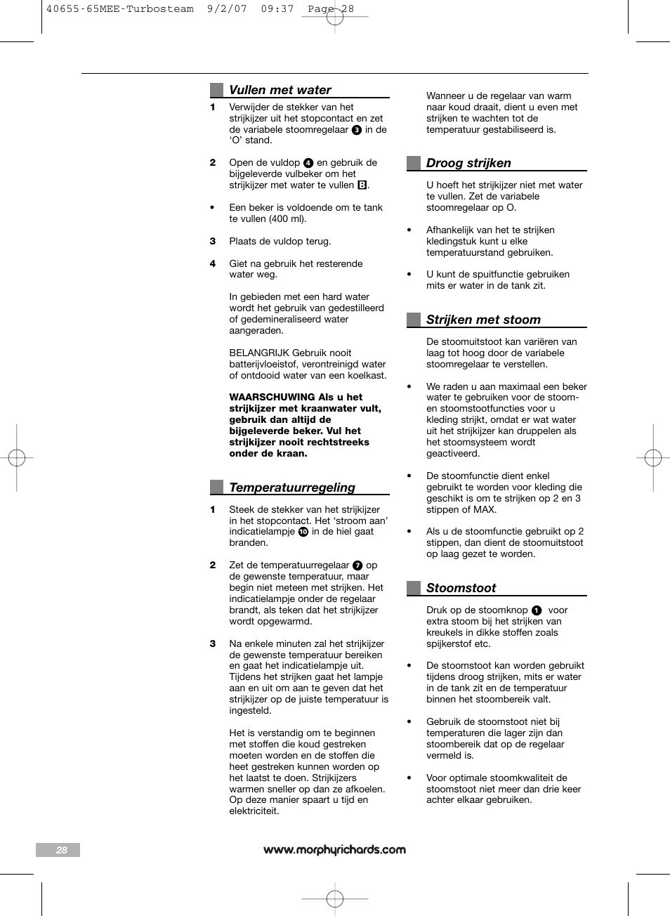 Vullen met water, Temperatuurregeling, Droog strijken | Strijken met stoom, Stoomstoot | Morphy Richards Turbo steam iron steam User Manual | Page 28 / 72