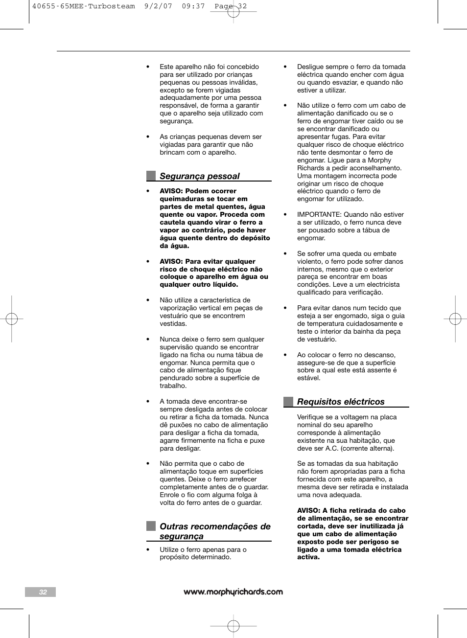 Segurança pessoal, Outras recomendações de segurança, Requisitos eléctricos | Morphy Richards Turbo steam iron steam User Manual | Page 32 / 72