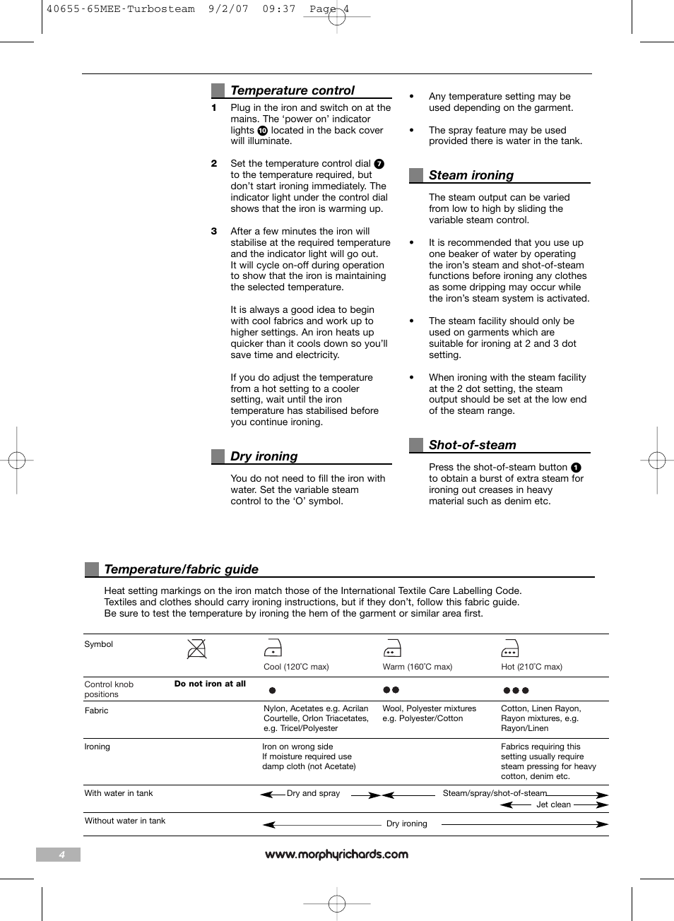 Temperature control, Dry ironing, Steam ironing | Shot-of-steam, Temperature/fabric guide | Morphy Richards Turbo steam iron steam User Manual | Page 4 / 72