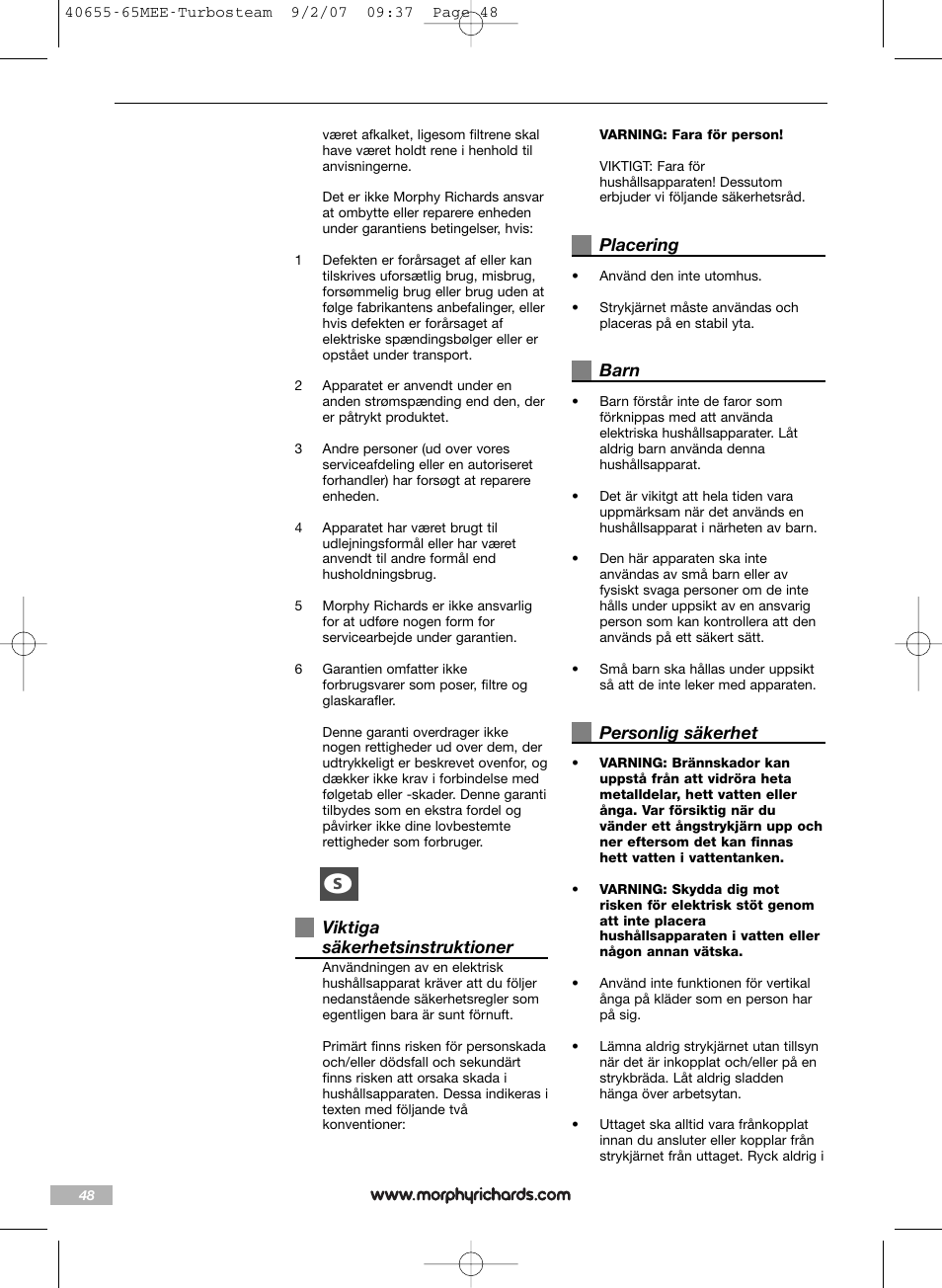 Viktiga säkerhetsinstruktioner, Placering, Barn | Personlig säkerhet | Morphy Richards Turbo steam iron steam User Manual | Page 48 / 72