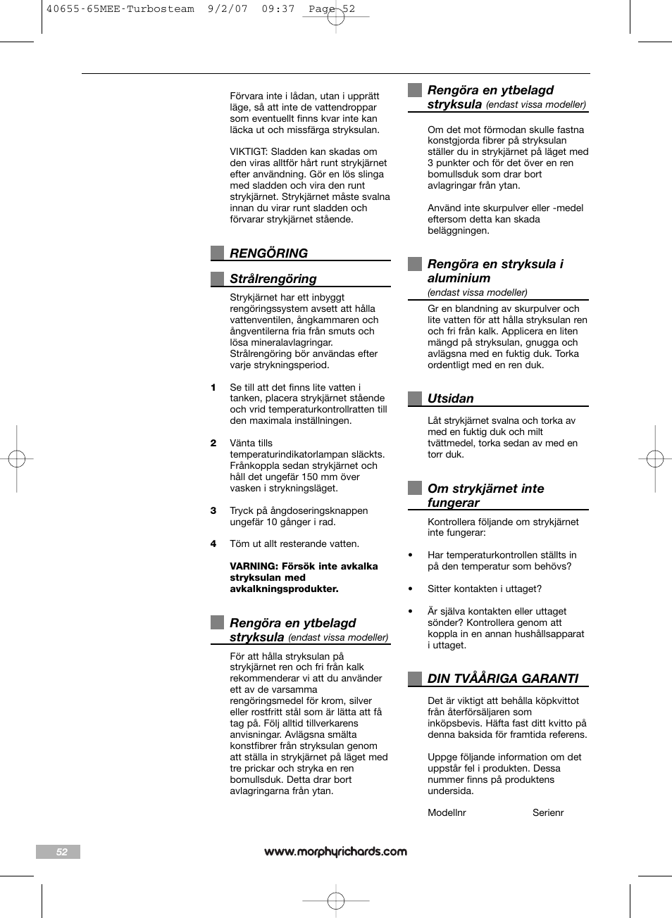 Morphy Richards Turbo steam iron steam User Manual | Page 52 / 72