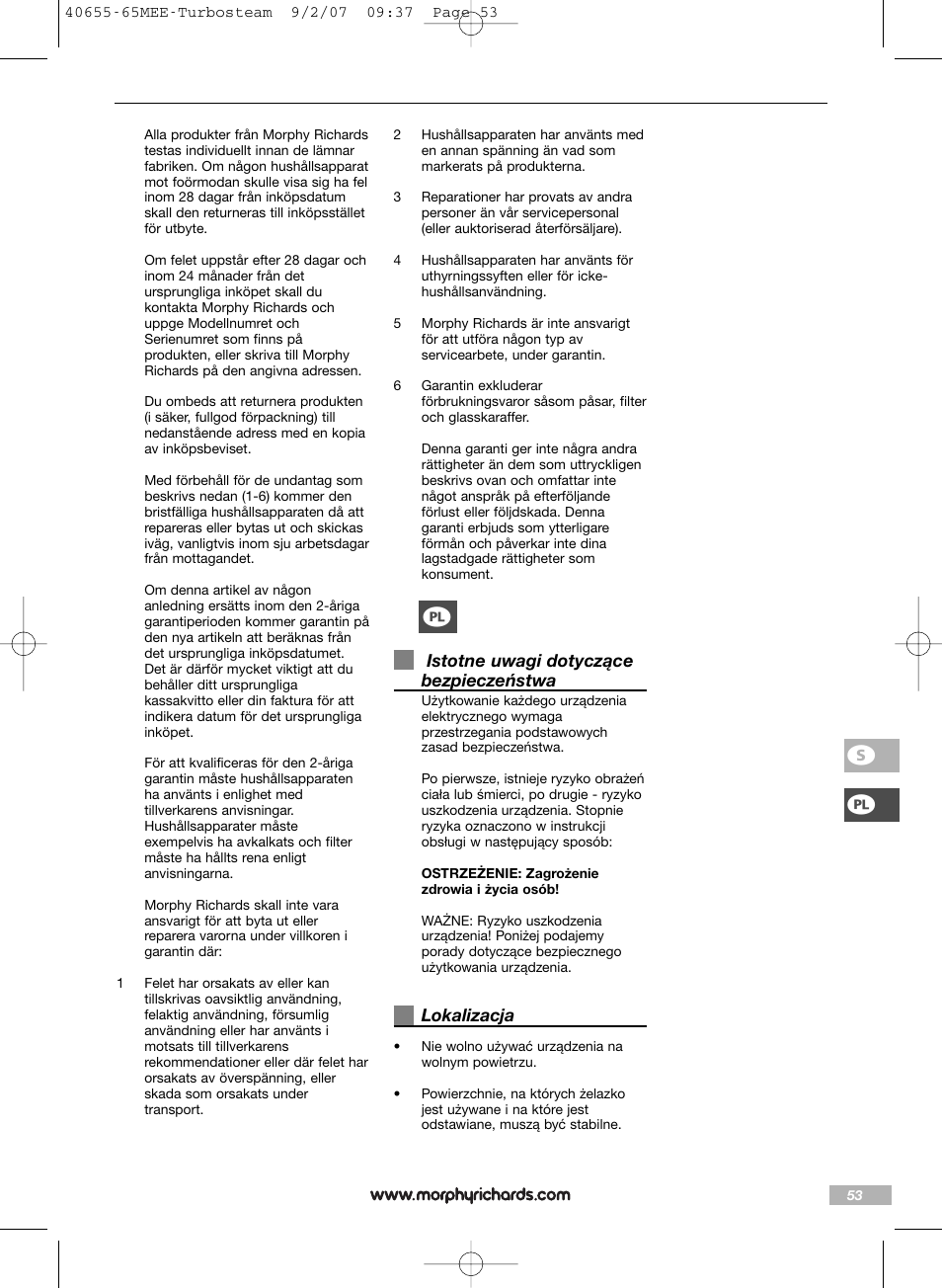 Morphy Richards Turbo steam iron steam User Manual | Page 53 / 72