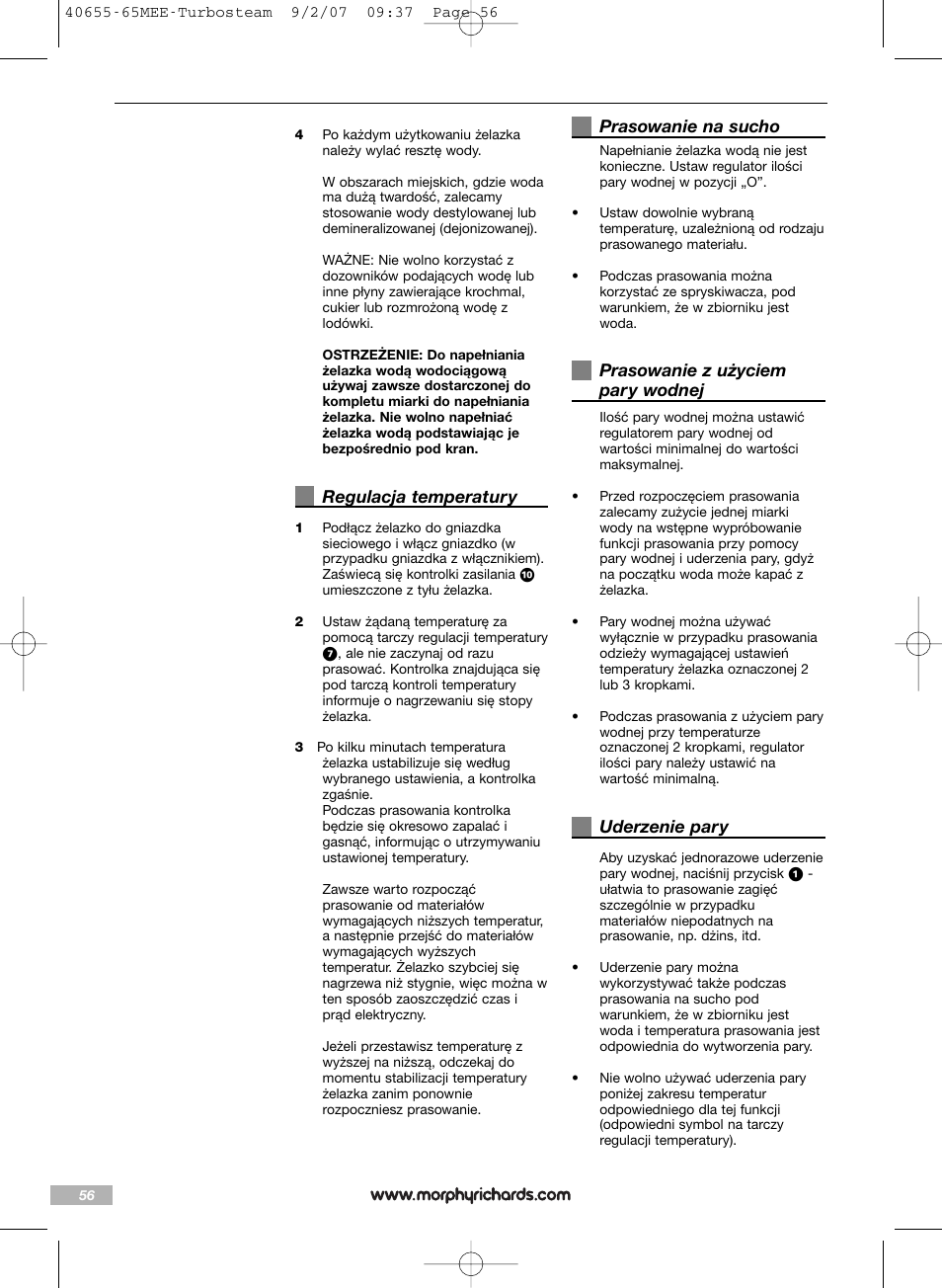 Regulacja temperatury, Prasowanie na sucho, Prasowanie z użyciem pary wodnej | Uderzenie pary | Morphy Richards Turbo steam iron steam User Manual | Page 56 / 72