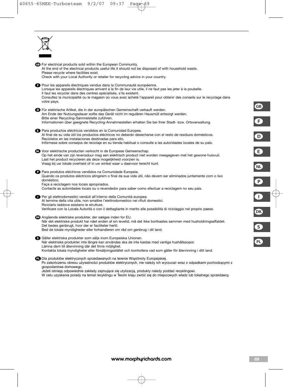 Morphy Richards Turbo steam iron steam User Manual | Page 69 / 72