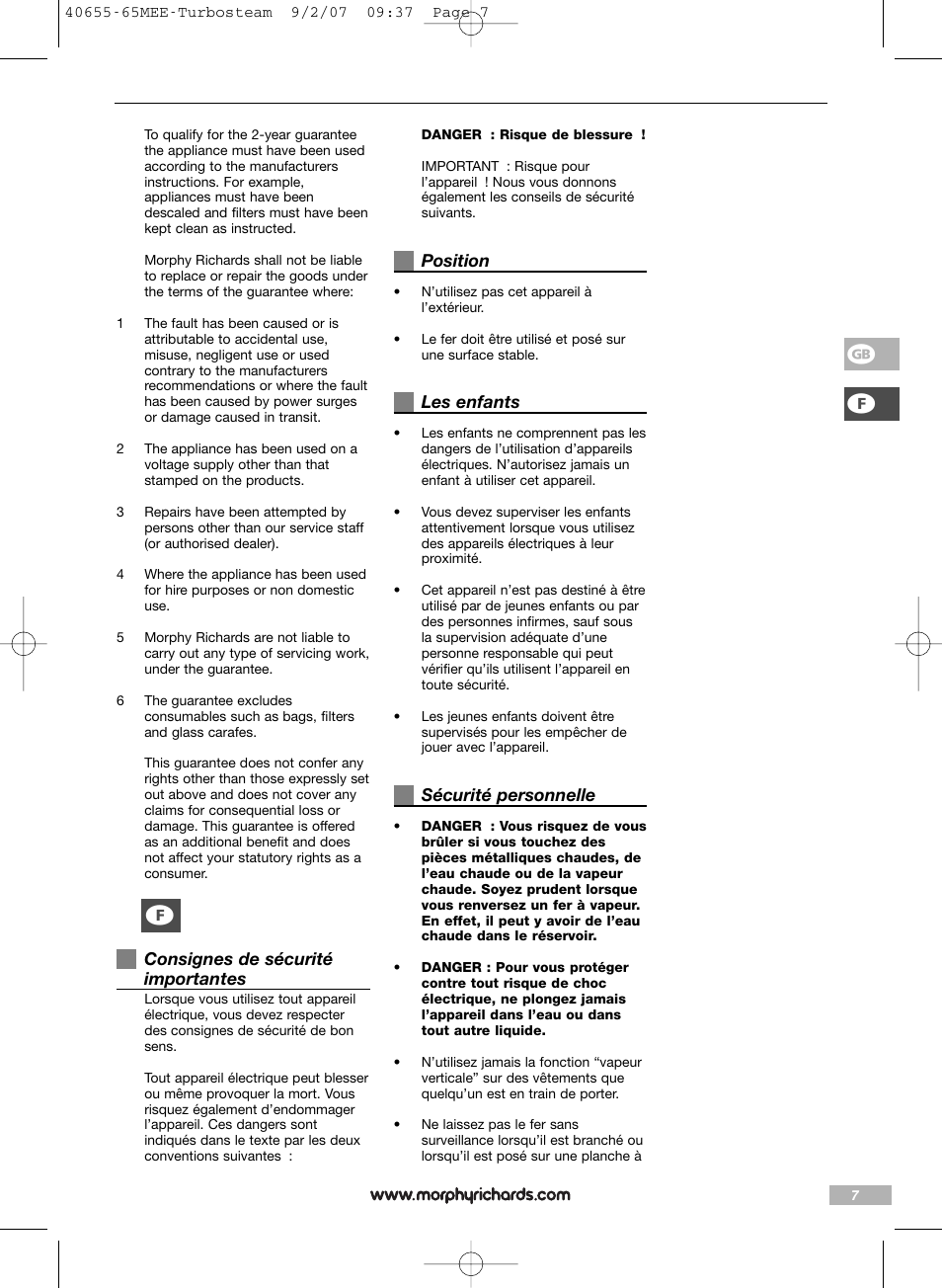 Fg f | Morphy Richards Turbo steam iron steam User Manual | Page 7 / 72