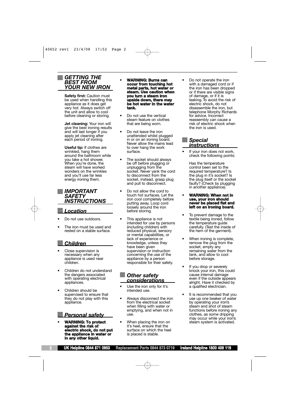 Getting the best from your new iron, Important safety instructions location, Children | Personal safety, Other safety considerations, Special instructions | Morphy Richards 40652 User Manual | Page 2 / 8