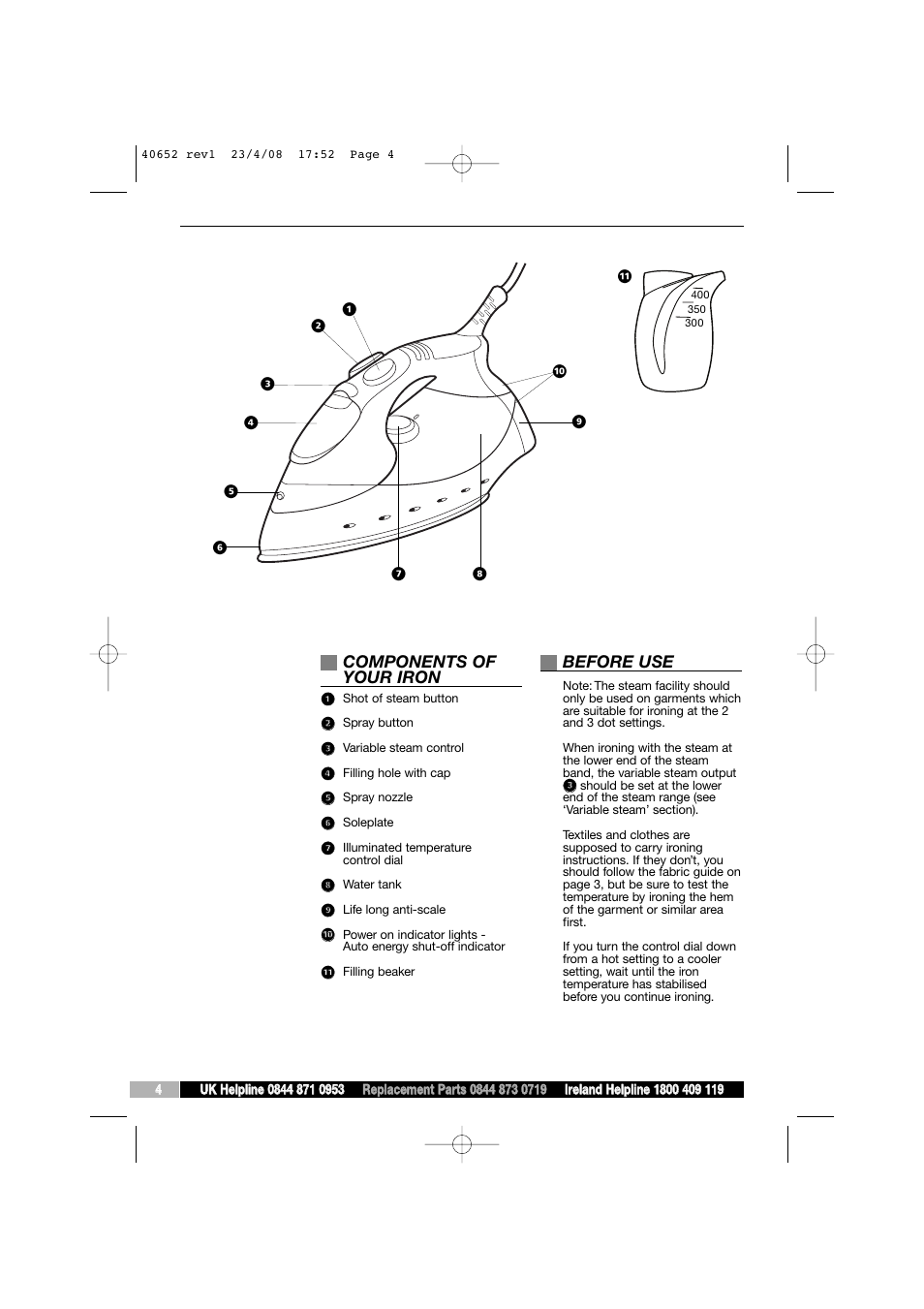 Components of your iron, Before use | Morphy Richards 40652 User Manual | Page 4 / 8