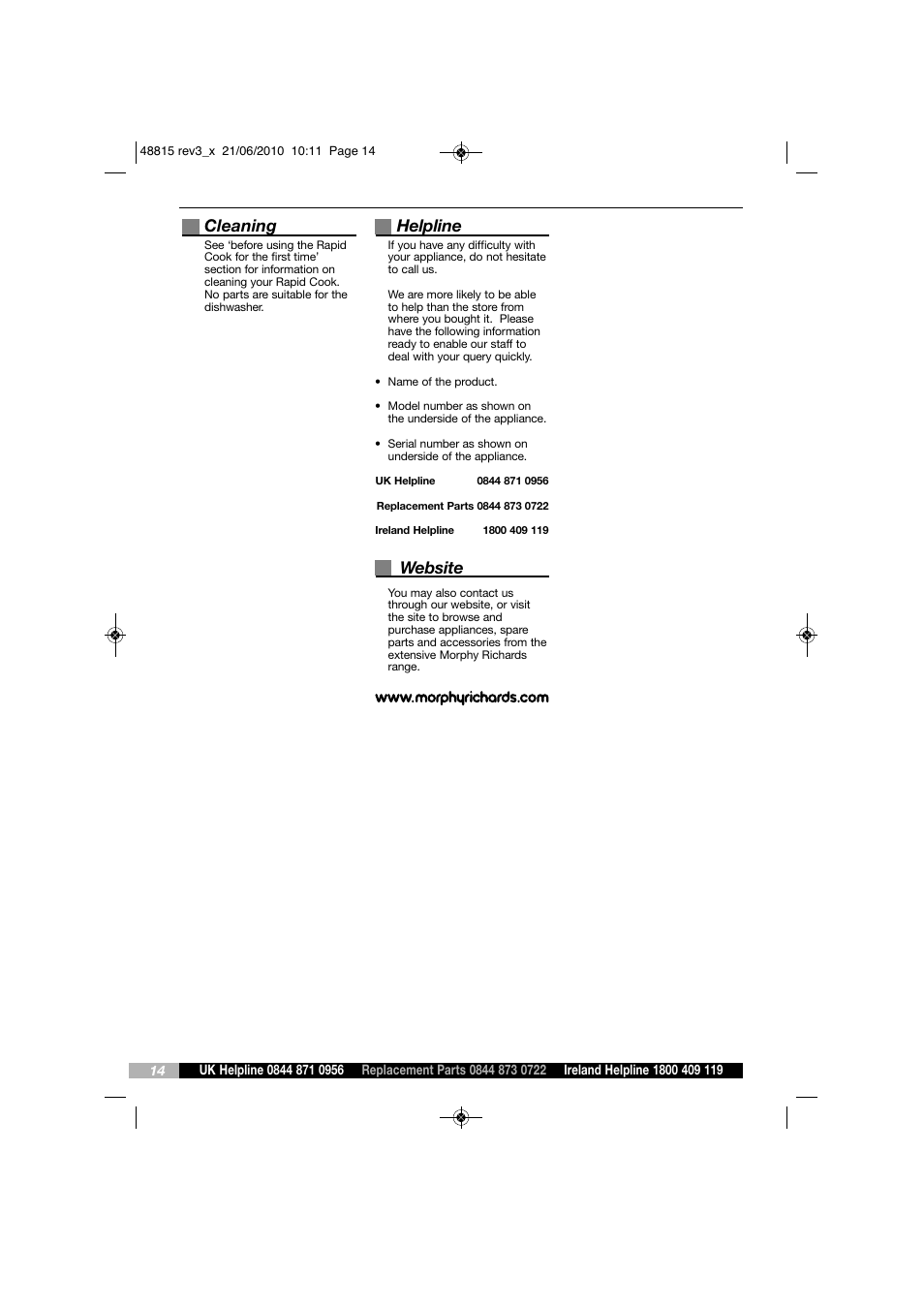 Cleaning, Helpline, Website | Morphy Richards RAPID COOK MC48815 User Manual | Page 14 / 16