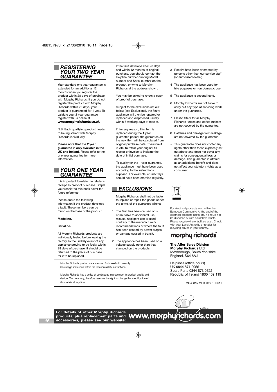 Registering your two year guarantee, Your one year guarantee, Exclusions | Morphy Richards RAPID COOK MC48815 User Manual | Page 16 / 16