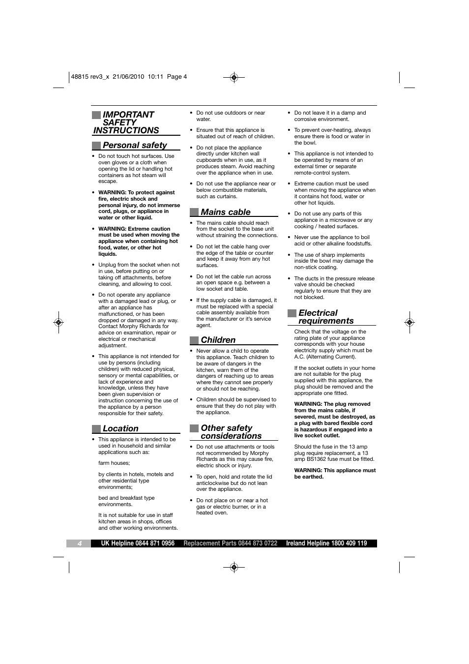 Important safety instructions personal safety, Location, Mains cable | Children, Other safety considerations, Electrical requirements | Morphy Richards RAPID COOK MC48815 User Manual | Page 4 / 16