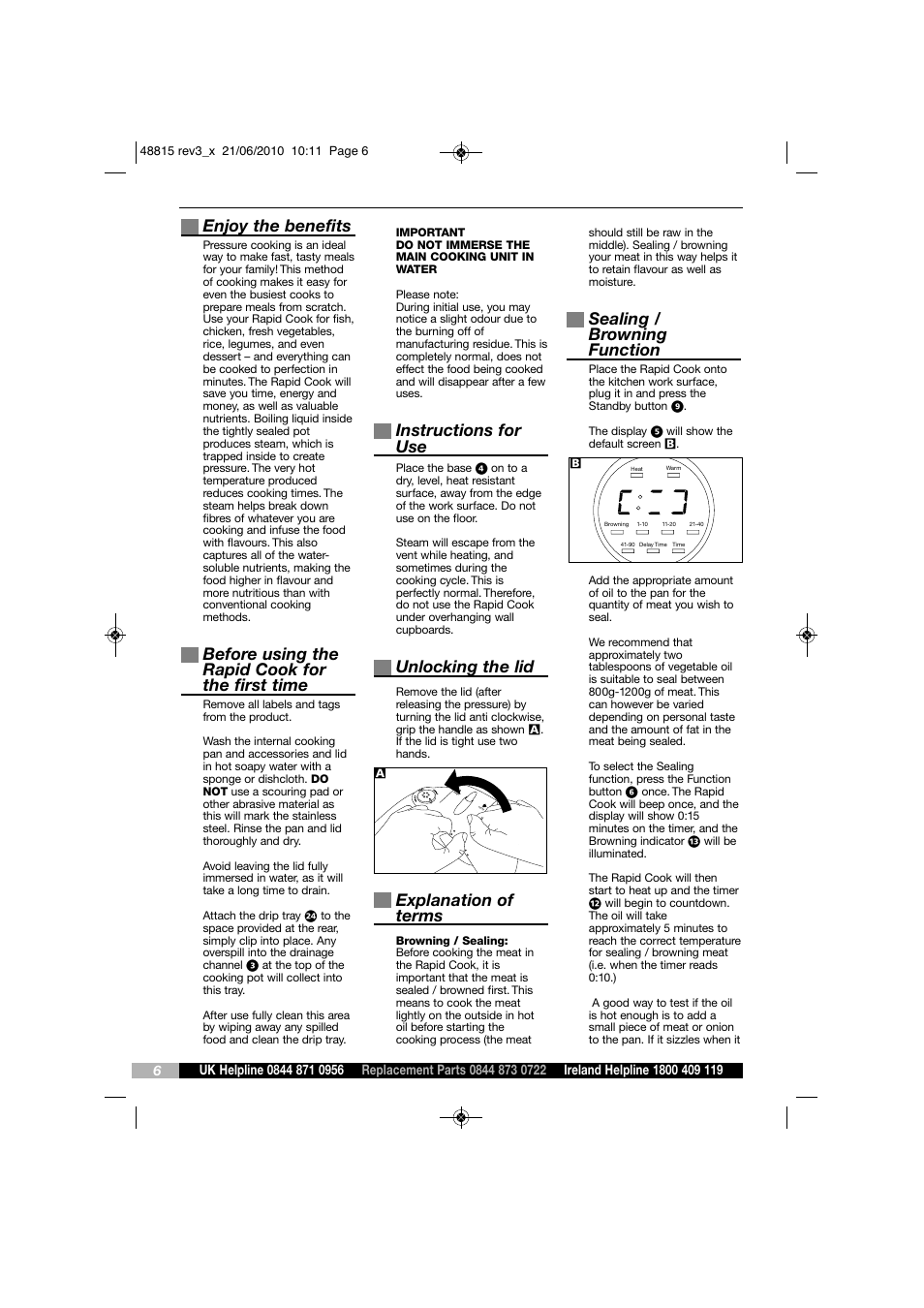 Enjoy the benefits, Before using the rapid cook for the first time, Instructions for use | Unlocking the lid, Explanation of terms, Sealing / browning function | Morphy Richards RAPID COOK MC48815 User Manual | Page 6 / 16