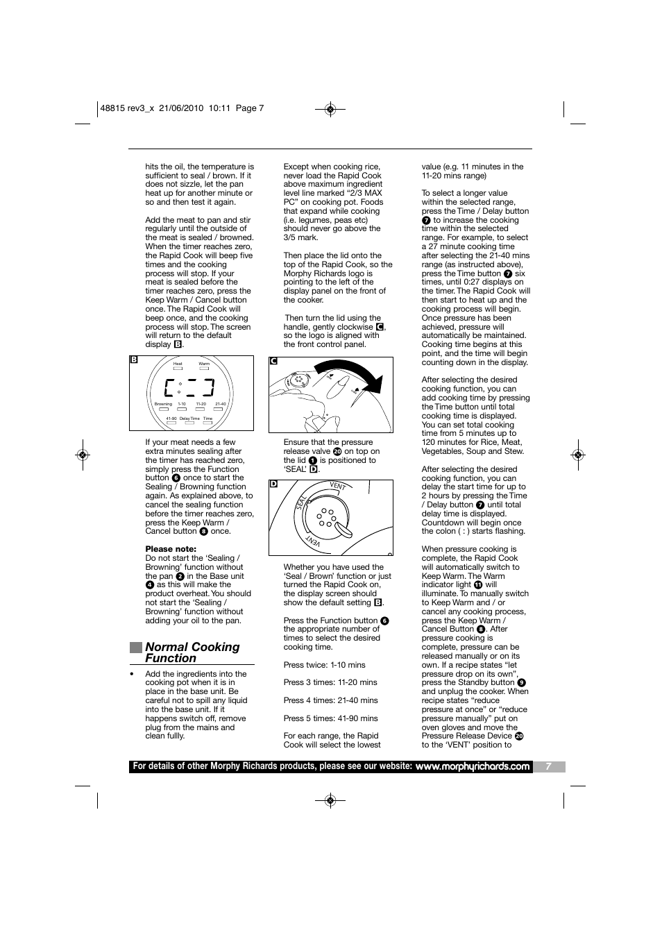 Normal cooking function | Morphy Richards RAPID COOK MC48815 User Manual | Page 7 / 16