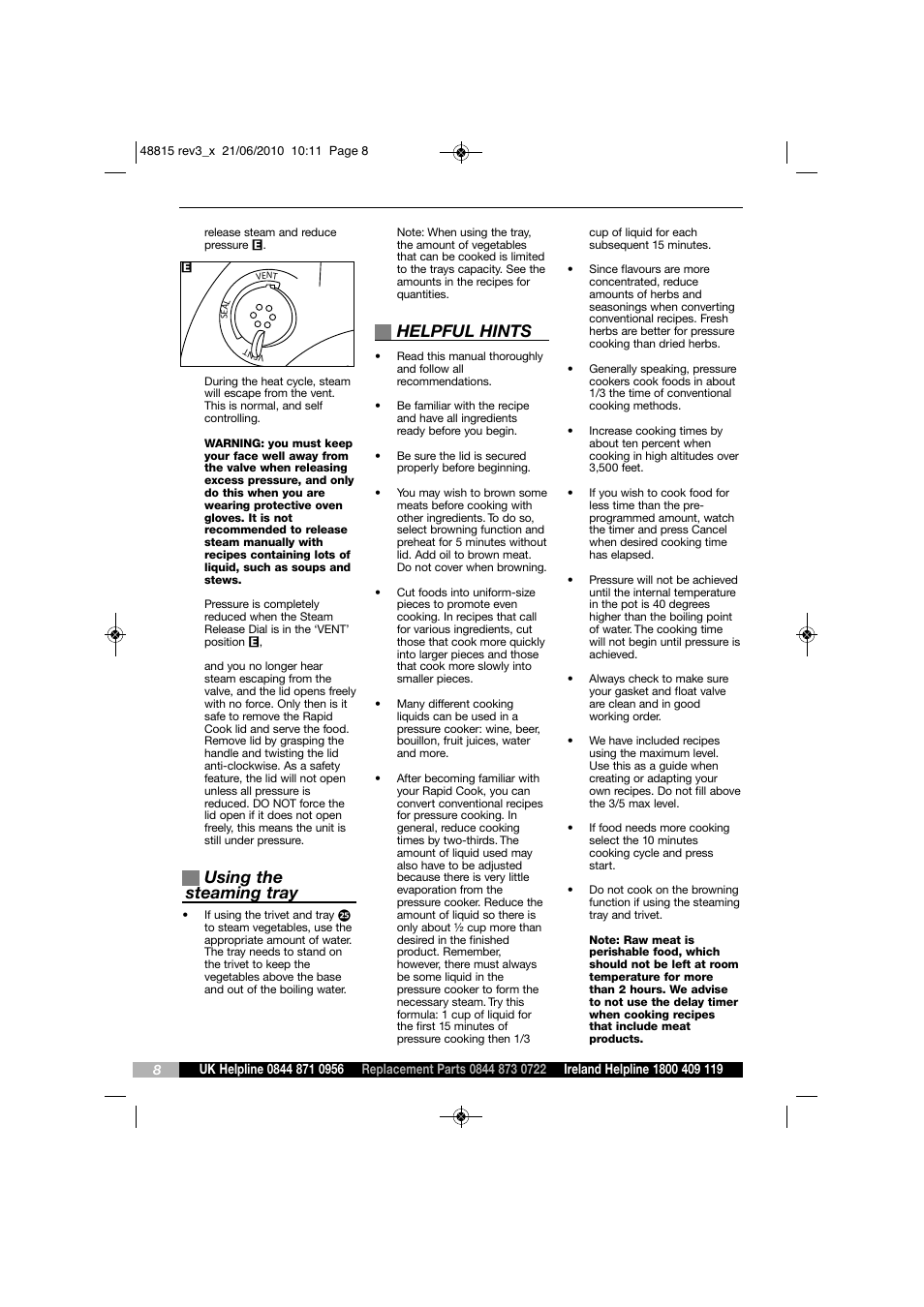 Using the steaming tray, Helpful hints | Morphy Richards RAPID COOK MC48815 User Manual | Page 8 / 16