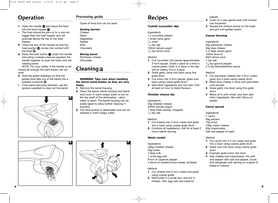Recipes, Operation, Cleaning | Morphy Richards Cordless grater User Manual | Page 3 / 5