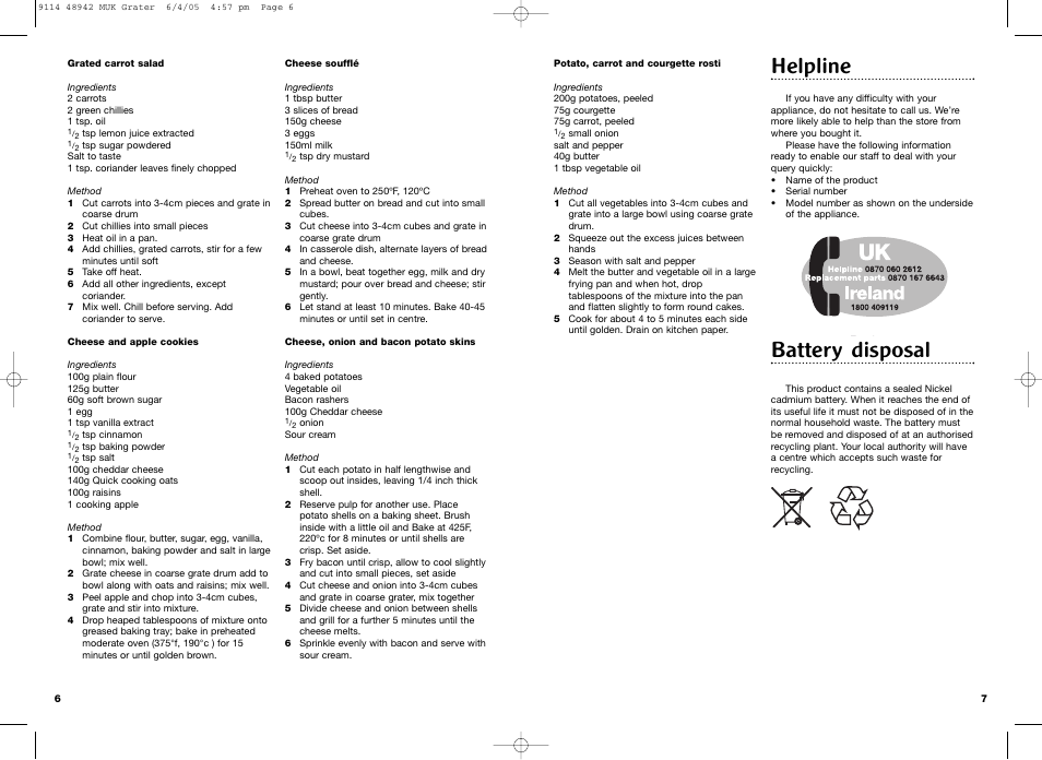Helpline, Battery disposal | Morphy Richards Cordless grater User Manual | Page 4 / 5