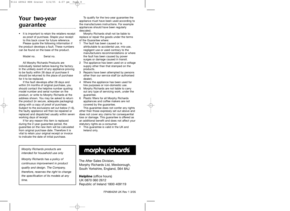 Your two-year guarantee | Morphy Richards Cordless grater User Manual | Page 5 / 5