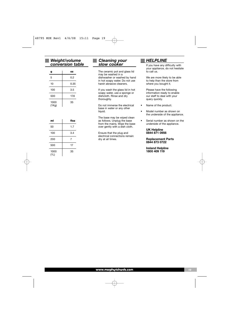 Weight/volume conversion table, Cleaning your slow cooker, Helpline | Morphy Richards 48795 User Manual | Page 19 / 20