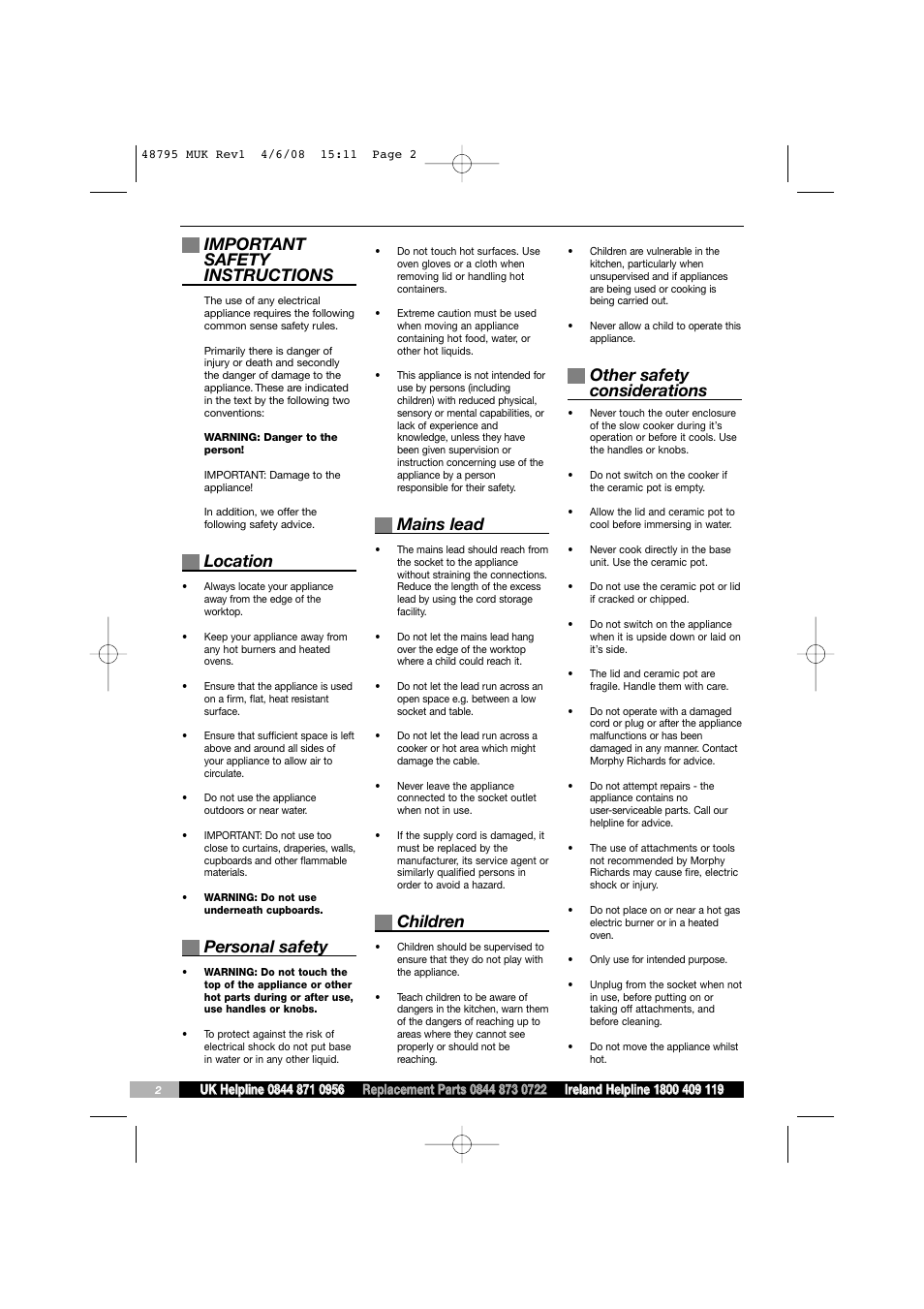 Important safety instructions, Location, Personal safety | Mains lead, Children, Other safety considerations | Morphy Richards 48795 User Manual | Page 2 / 20