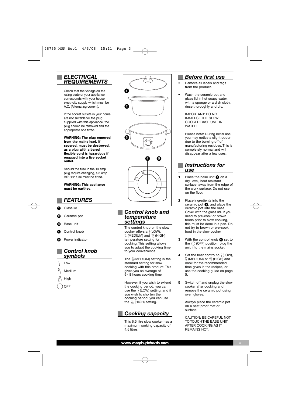 Electrical requirements, Features, Control knob symbols | Control knob and temperature settings, Cooking capacity, Before first use, Instructions for use | Morphy Richards 48795 User Manual | Page 3 / 20