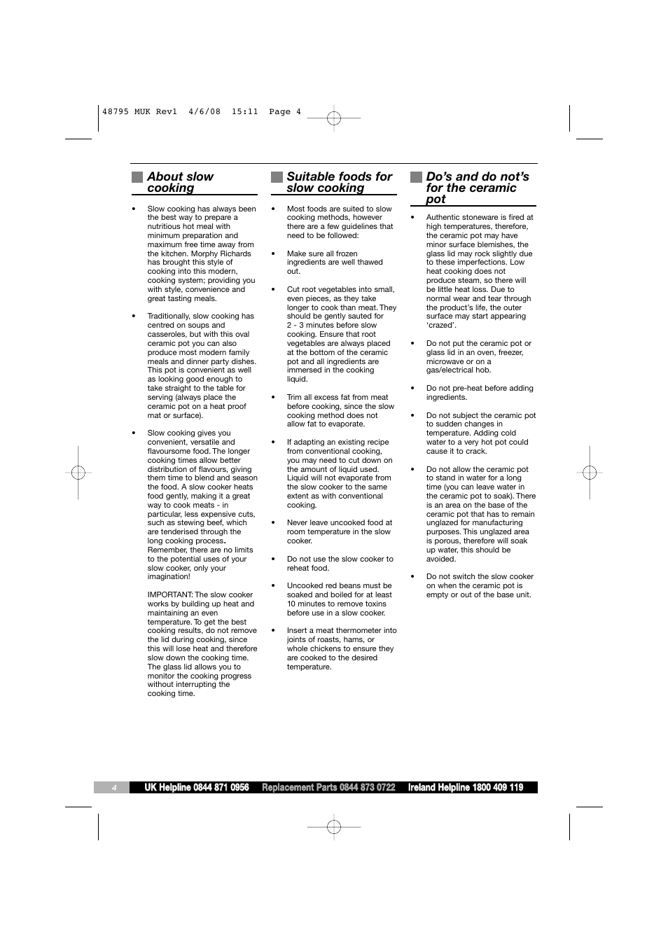 About slow cooking, Suitable foods for slow cooking, Do’s and do not’s for the ceramic pot | Morphy Richards 48795 User Manual | Page 4 / 20