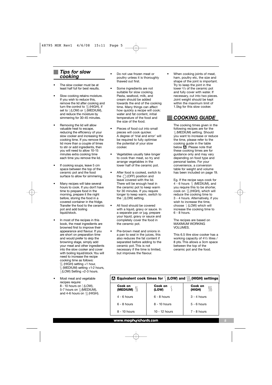 Tips for slow cooking, Cooking guide | Morphy Richards 48795 User Manual | Page 5 / 20