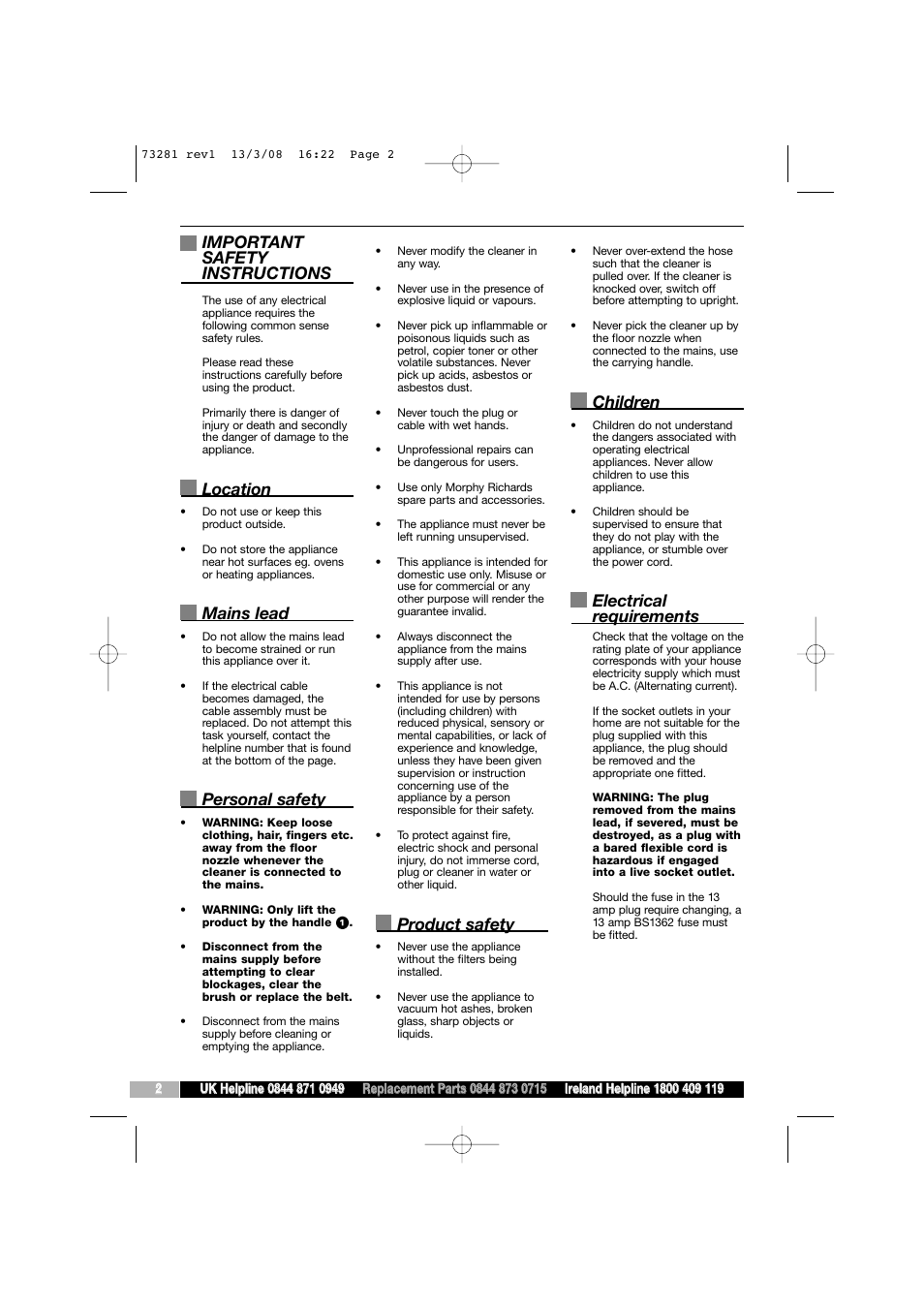 Important safety instructions, Location, Mains lead | Personal safety, Product safety, Children, Electrical requirements | Morphy Richards 73281 User Manual | Page 2 / 8