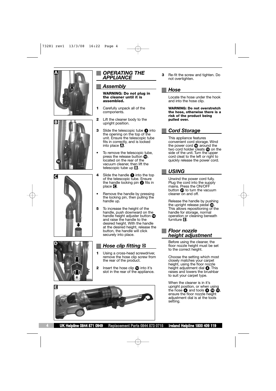 Operating the appliance assembly, Hose clip fitting, Hose | Cord storage, Using, Floor nozzle height adjustment | Morphy Richards 73281 User Manual | Page 4 / 8