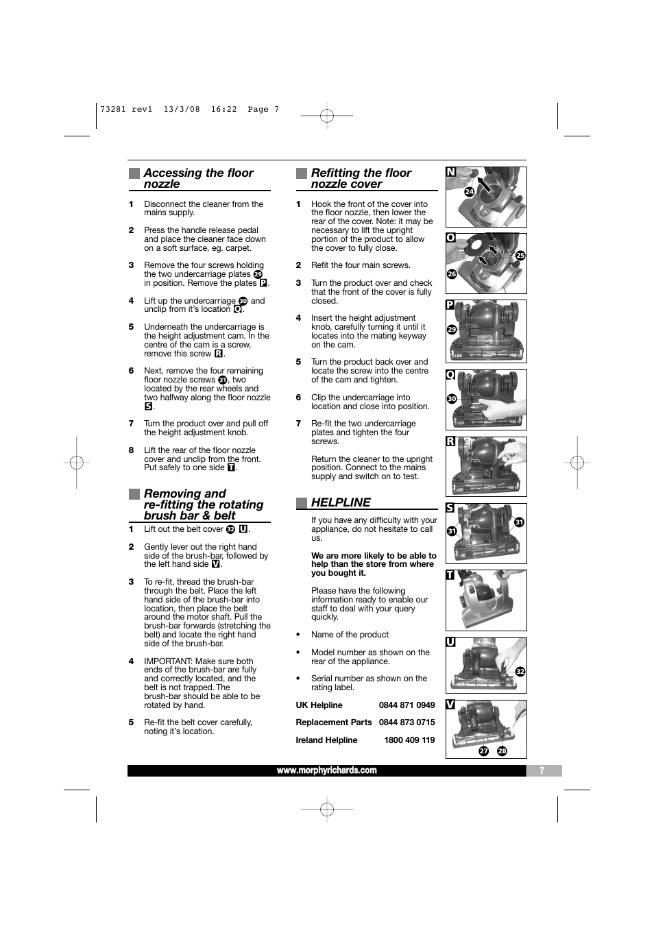 Accessing the floor nozzle, Refitting the floor nozzle cover, Helpline | Morphy Richards 73281 User Manual | Page 7 / 8