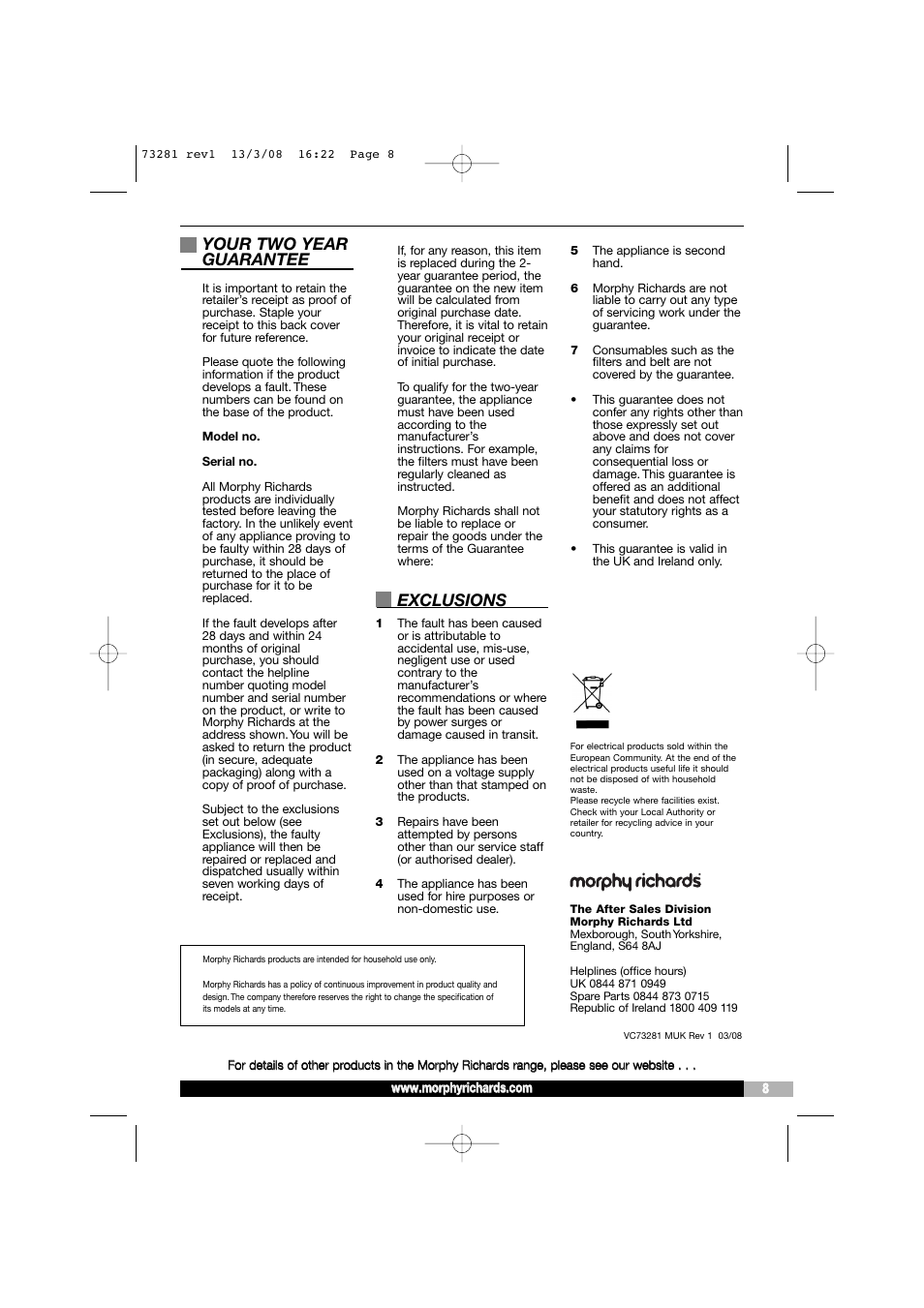 Your two year guarantee, Exclusions | Morphy Richards 73281 User Manual | Page 8 / 8