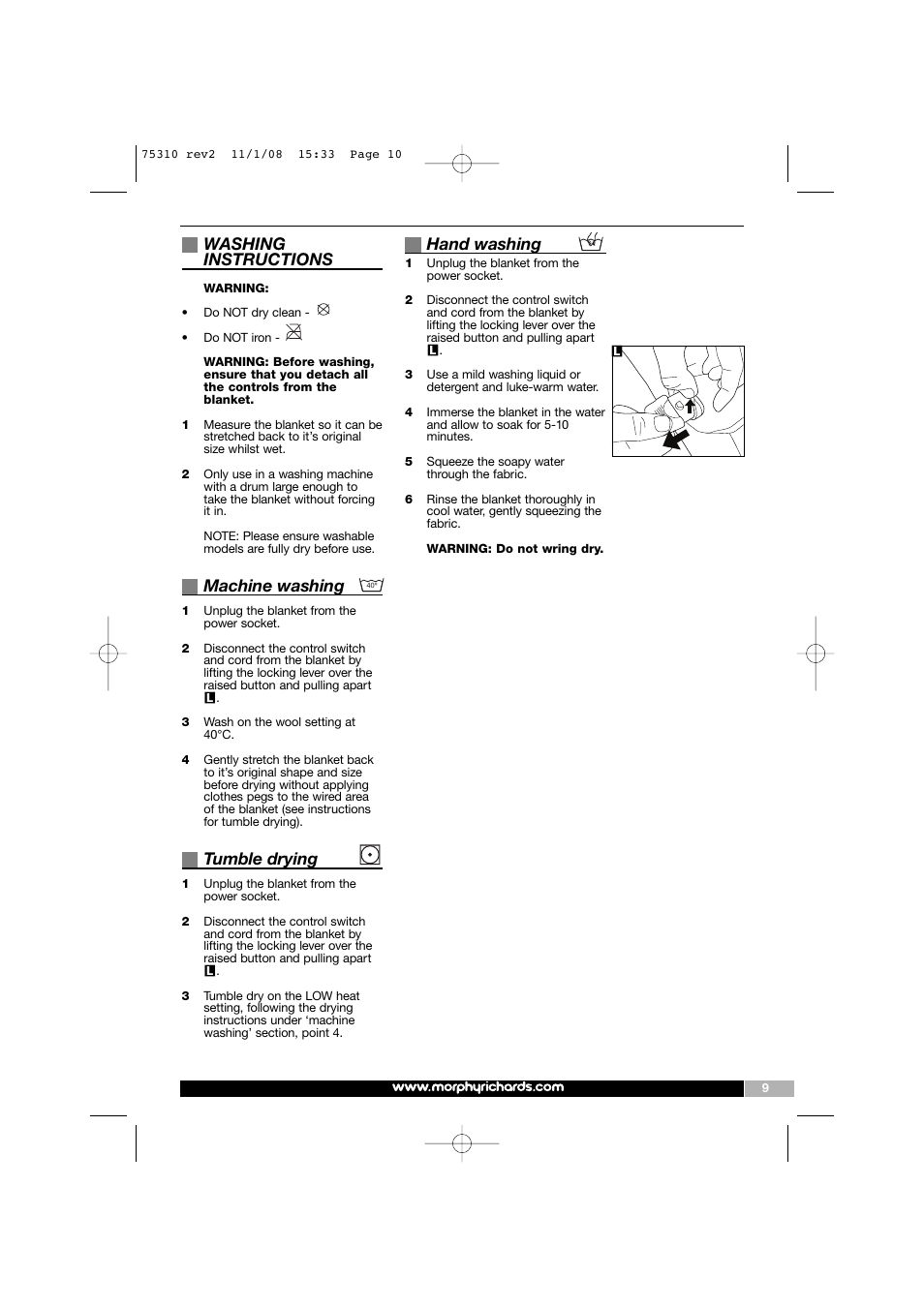 Washing instructions, Machine washing, Tumble drying | Hand washing | Morphy Richards EB75310 User Manual | Page 10 / 12