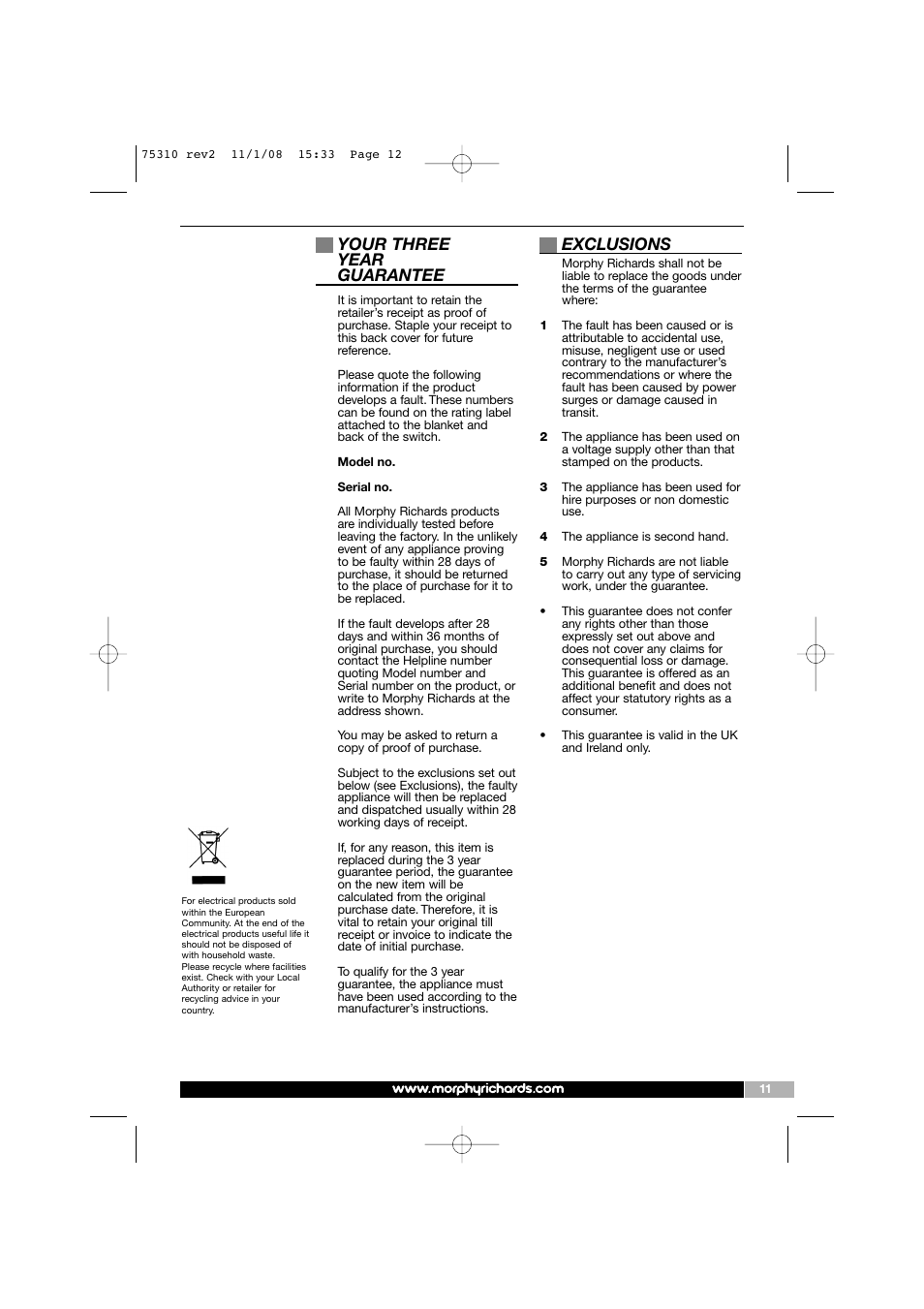 Your three year guarantee, Exclusions | Morphy Richards EB75310 User Manual | Page 12 / 12