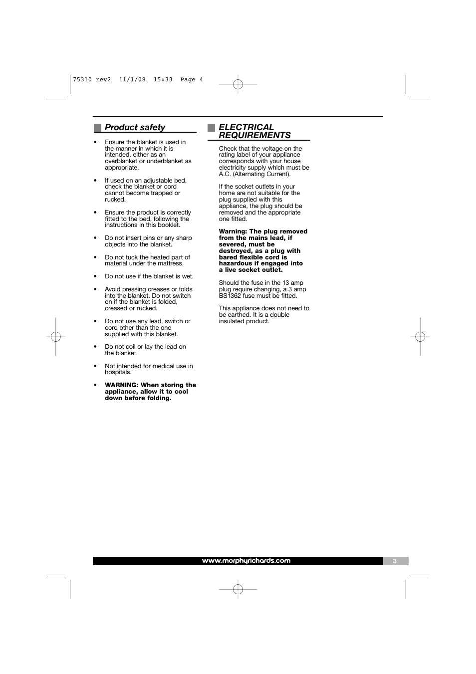 Product safety, Electrical requirements | Morphy Richards EB75310 User Manual | Page 4 / 12