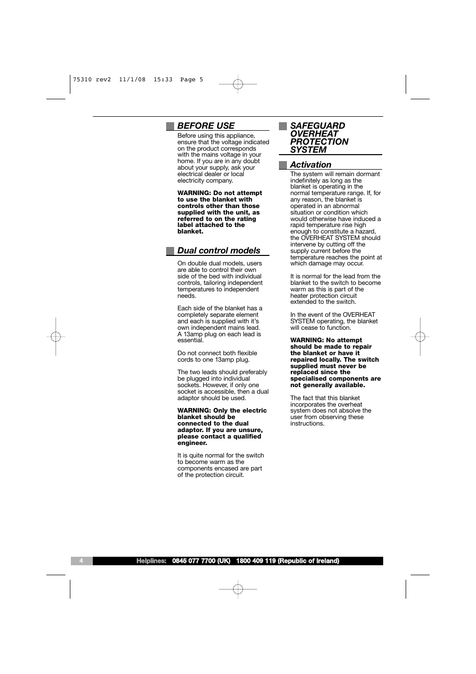 Before use, Dual control models, Safeguard overheat protection system activation | Morphy Richards EB75310 User Manual | Page 5 / 12