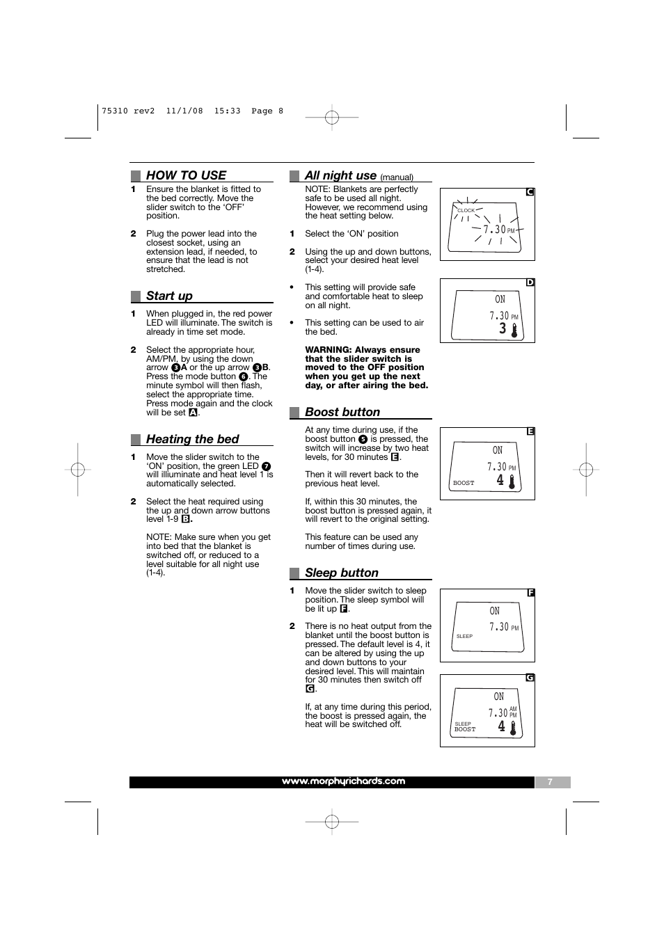 How to use, Start up, Heating the bed | All night use, Boost button, Sleep button | Morphy Richards EB75310 User Manual | Page 8 / 12