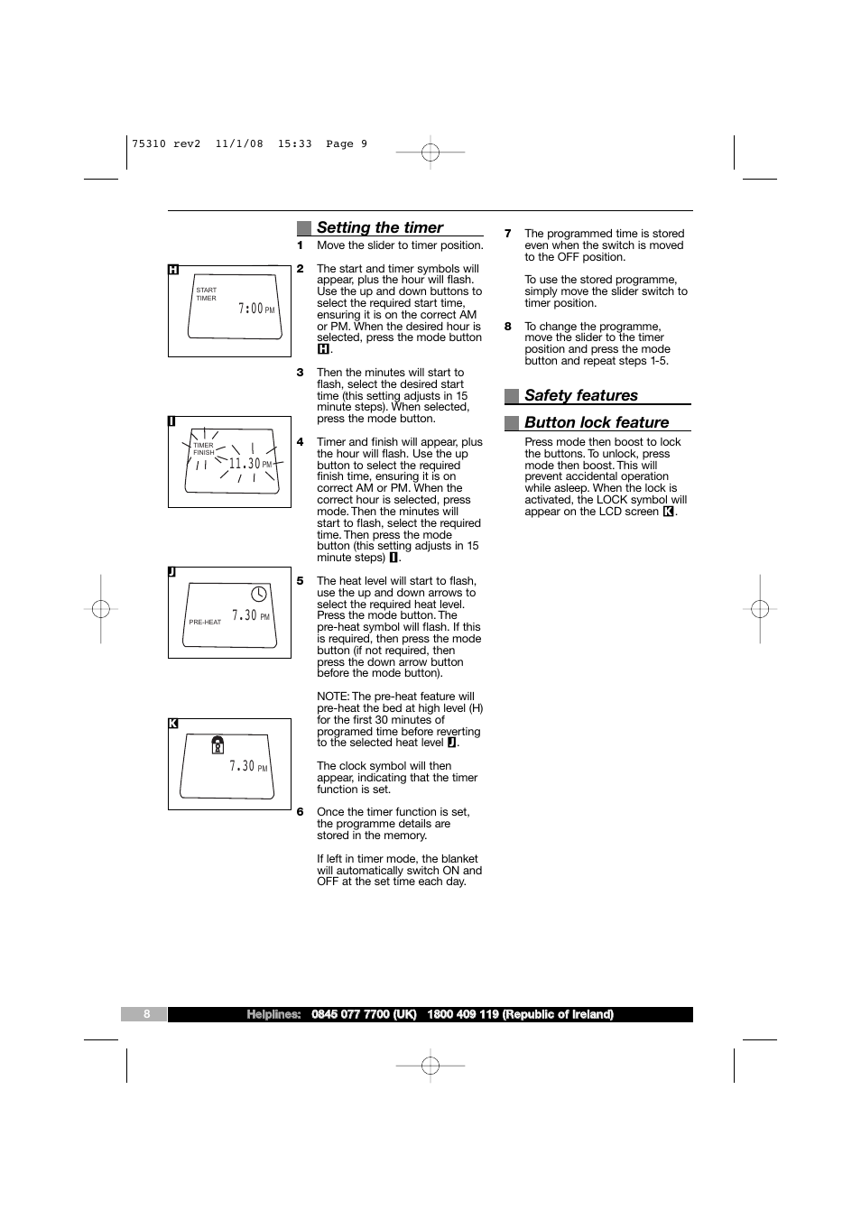 Setting the timer, Safety features button lock feature | Morphy Richards EB75310 User Manual | Page 9 / 12
