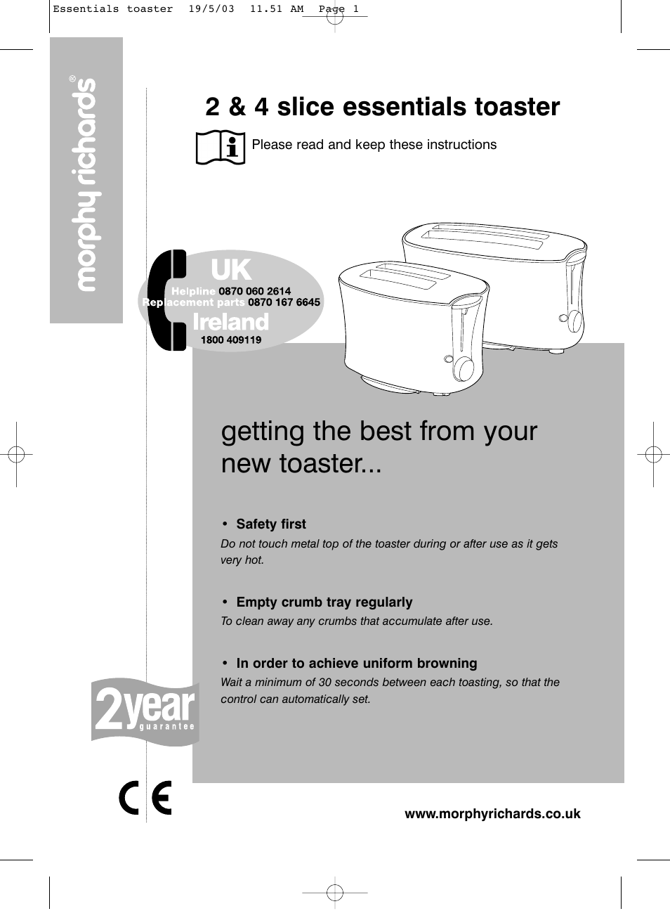 Morphy Richards 2 & 4 slice essentials toaster User Manual | 6 pages