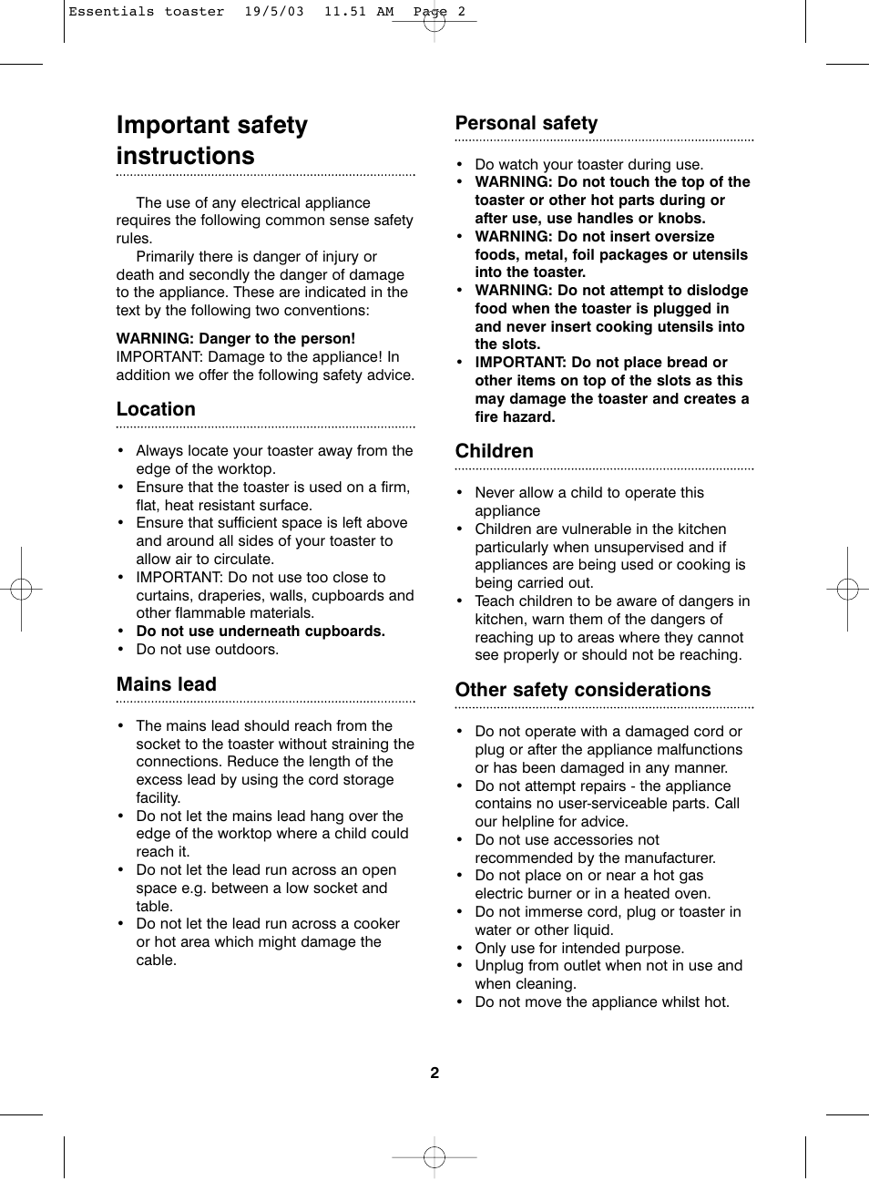 Important safety instructions, Location, Mains lead | Personal safety, Children, Other safety considerations | Morphy Richards 2 & 4 slice essentials toaster User Manual | Page 2 / 6