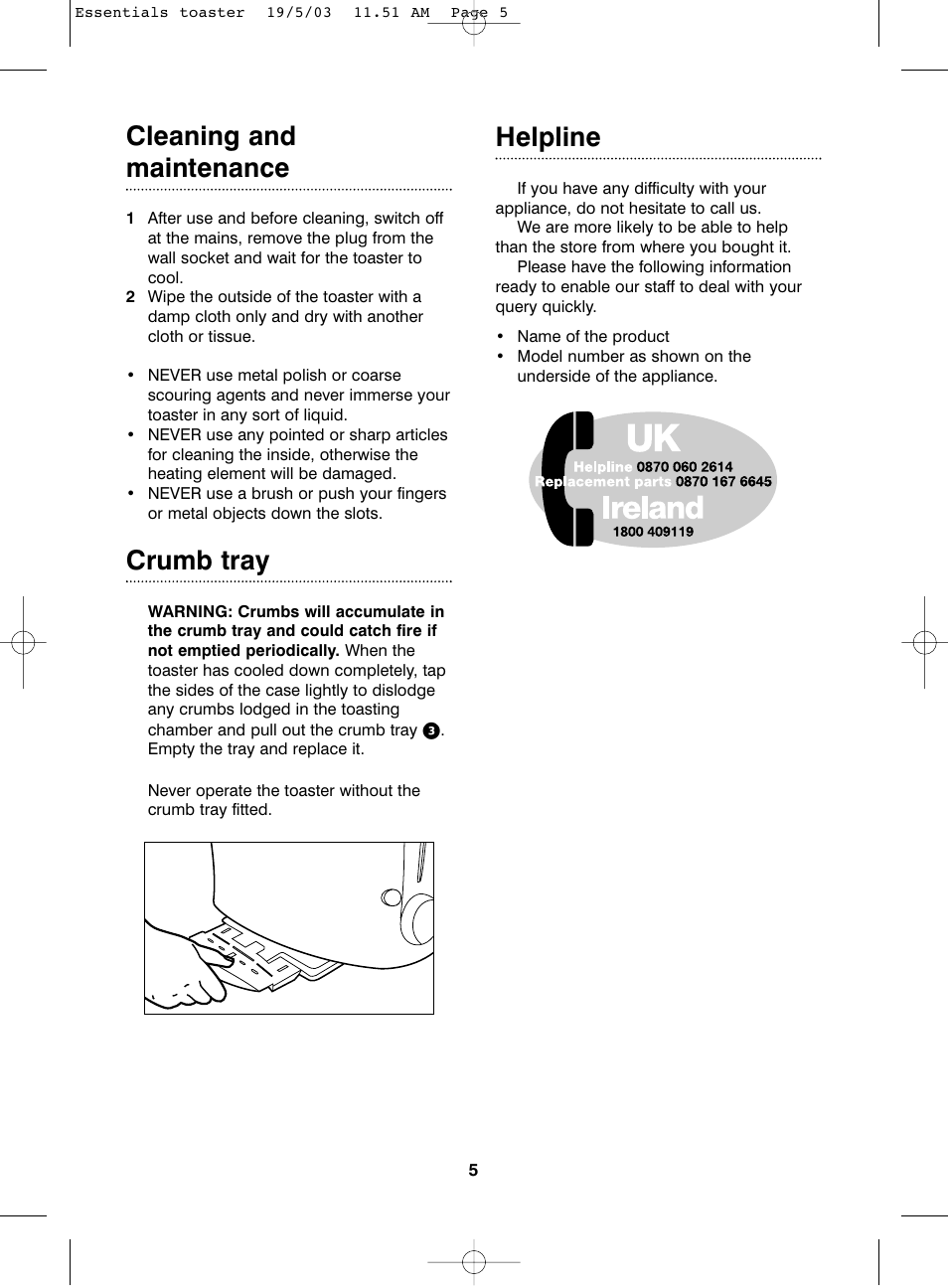 Cleaning and maintenance, Crumb tray, Helpline | Morphy Richards 2 & 4 slice essentials toaster User Manual | Page 5 / 6