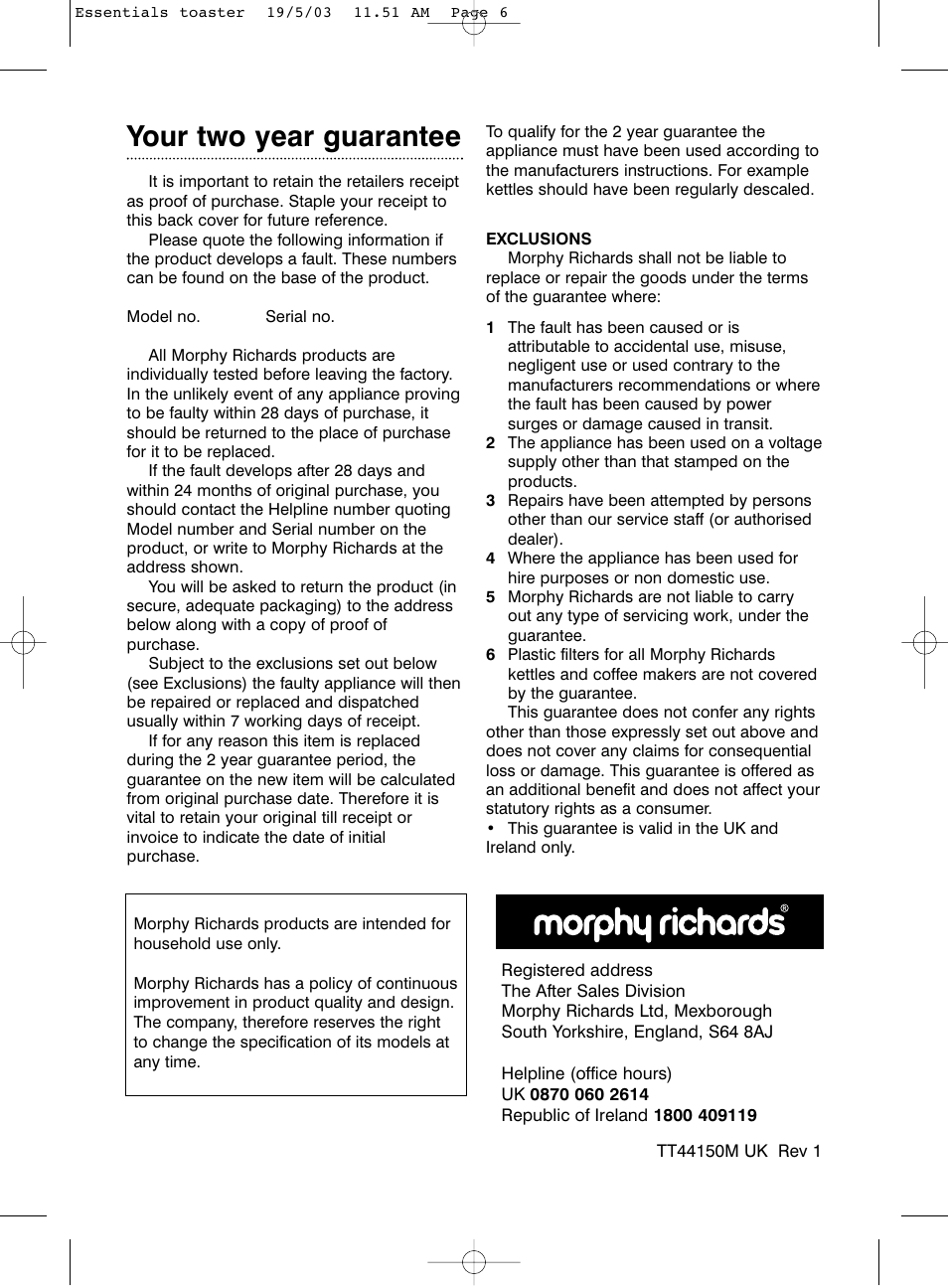 Your two year guarantee | Morphy Richards 2 & 4 slice essentials toaster User Manual | Page 6 / 6