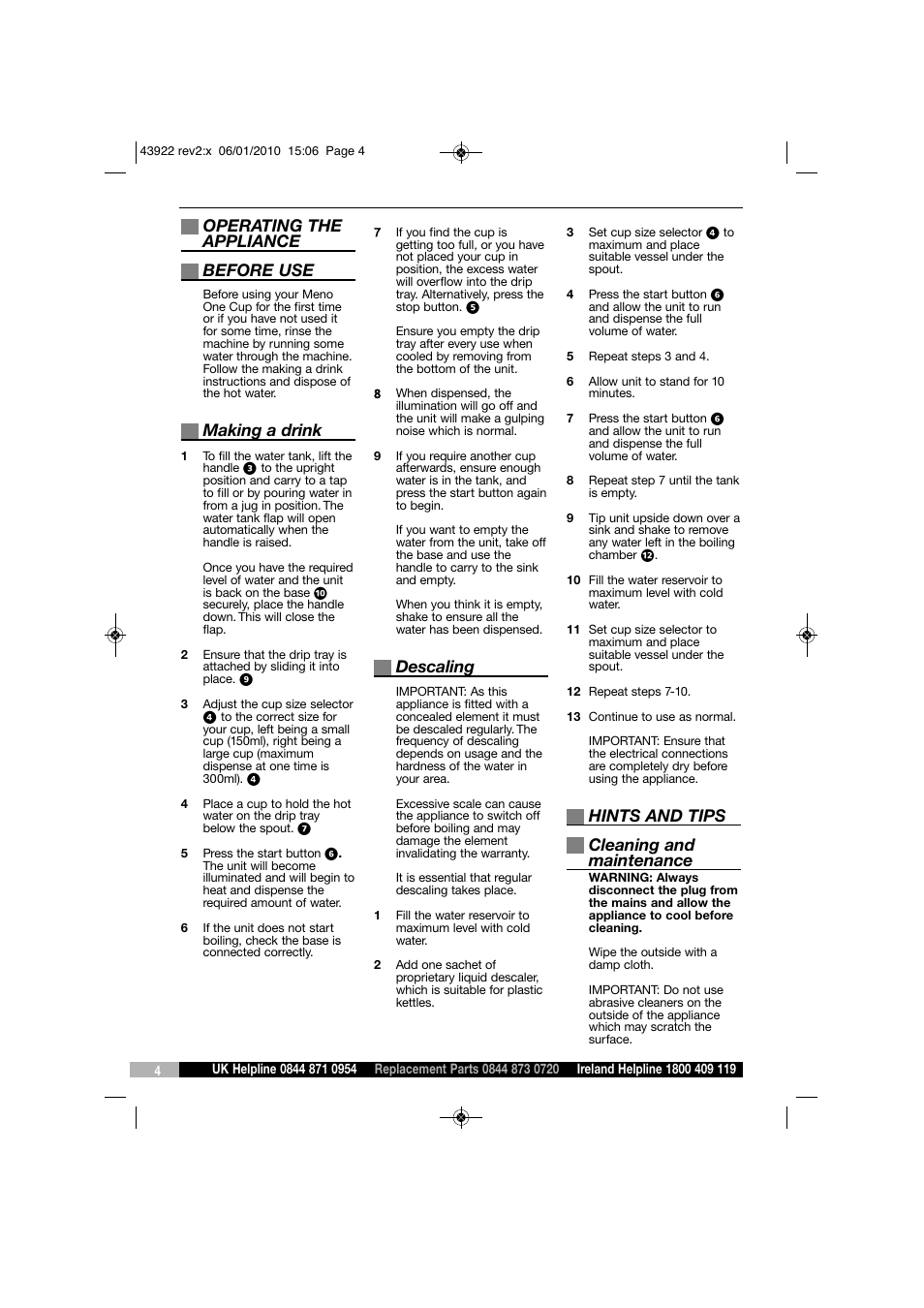 Operating the appliance before use, Making a drink, Descaling | Hints and tips cleaning and maintenance | Morphy Richards MENO KT43922 User Manual | Page 4 / 8