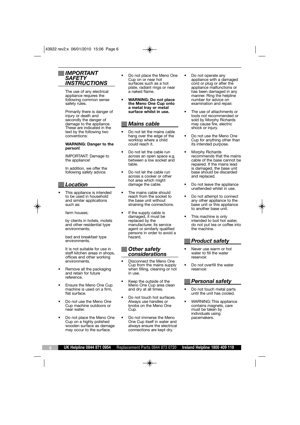 Important safety instructions, Location, Mains cable | Other safety considerations, Product safety, Personal safety | Morphy Richards MENO KT43922 User Manual | Page 6 / 8