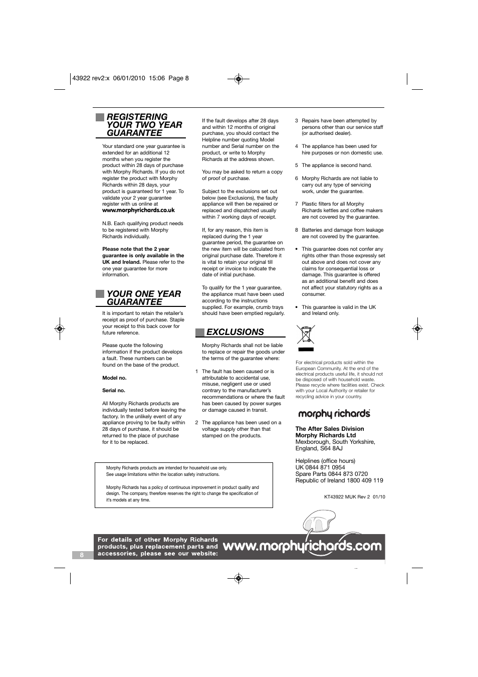 Registering your two year guarantee, Your one year guarantee, Exclusions | Morphy Richards MENO KT43922 User Manual | Page 8 / 8
