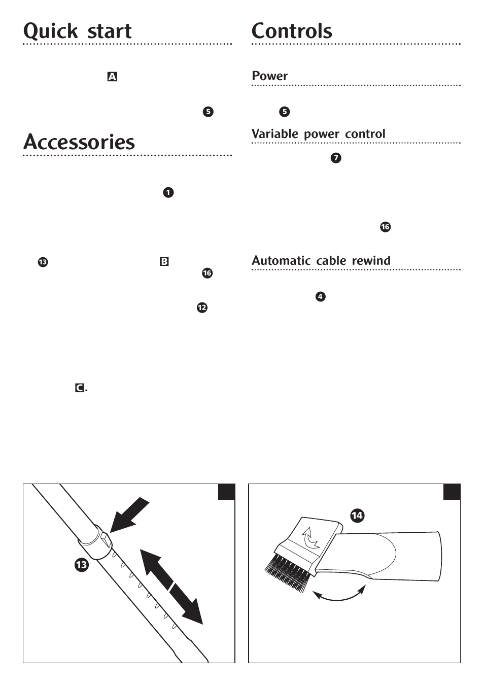 Quick start, Accessories, Controls | Power, Variable power control, Automatic cable rewind | Morphy Richards Orb vacuum cleaner User Manual | Page 4 / 8