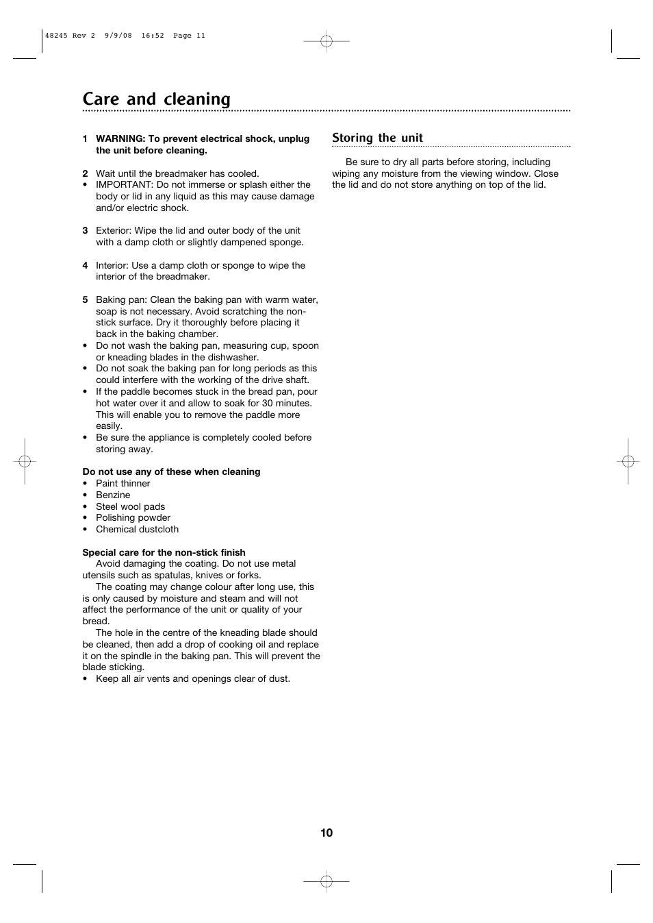Care and cleaning, Storing the unit | Morphy Richards 48245 User Manual | Page 10 / 26