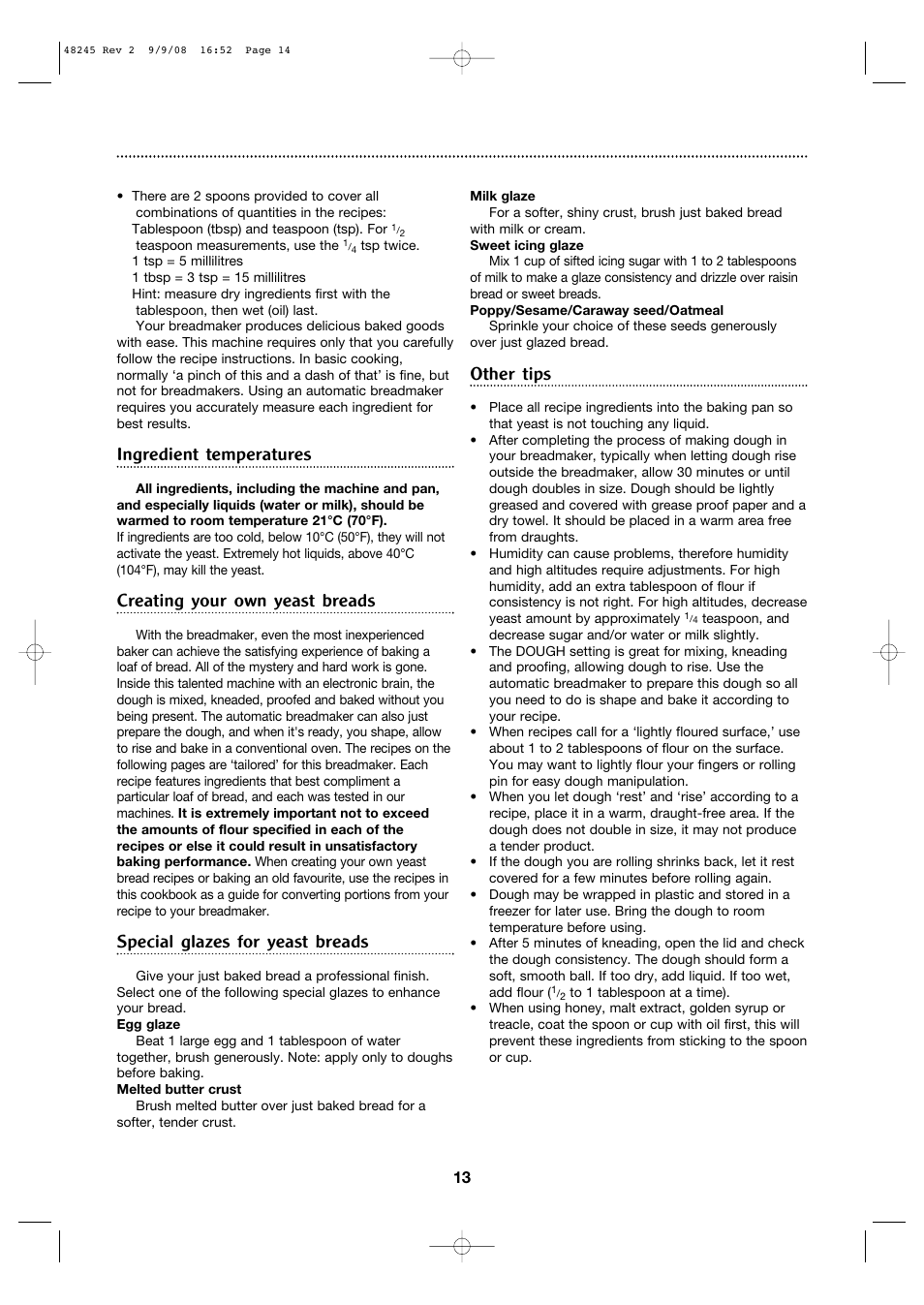 Ingredient temperatures, Creating your own yeast breads, Special glazes for yeast breads | Other tips | Morphy Richards 48245 User Manual | Page 13 / 26